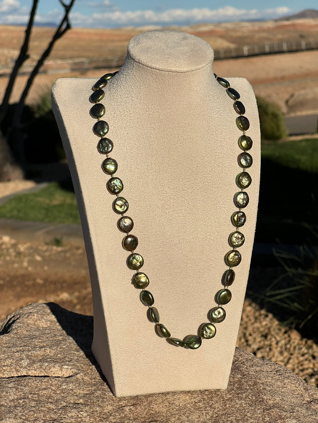 Vintage Green Coin Pearl Necklace – Hand-Knotted Freshwater Pearl Strand with Bronze Toggle Clasp