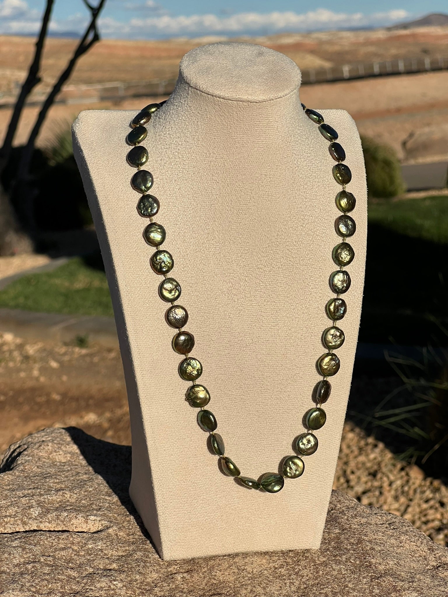Vintage Green Coin Pearl Necklace – Hand-Knotted Freshwater Pearl Strand with Bronze Toggle Clasp