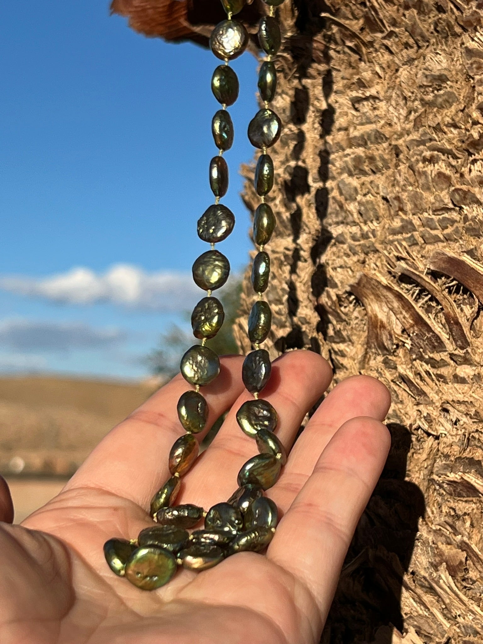 Vintage Green Coin Pearl Necklace – Hand-Knotted Freshwater Pearl Strand with Bronze Toggle Clasp