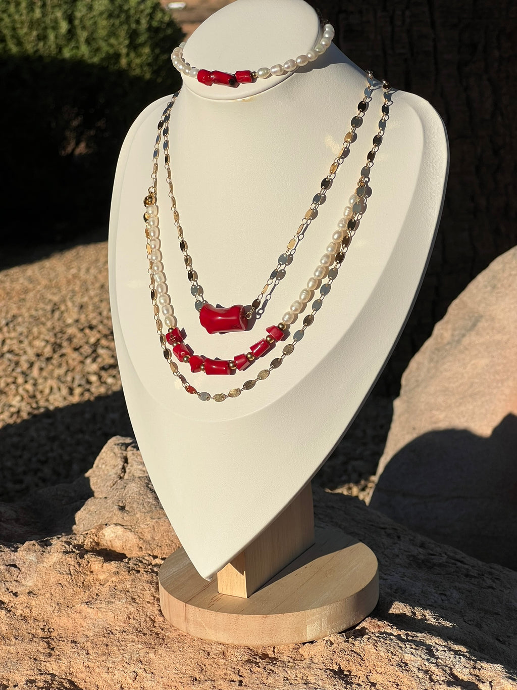 OOAK - Coral Queen Freshwater Pearl Red Coral Necklace Set with Bracelet