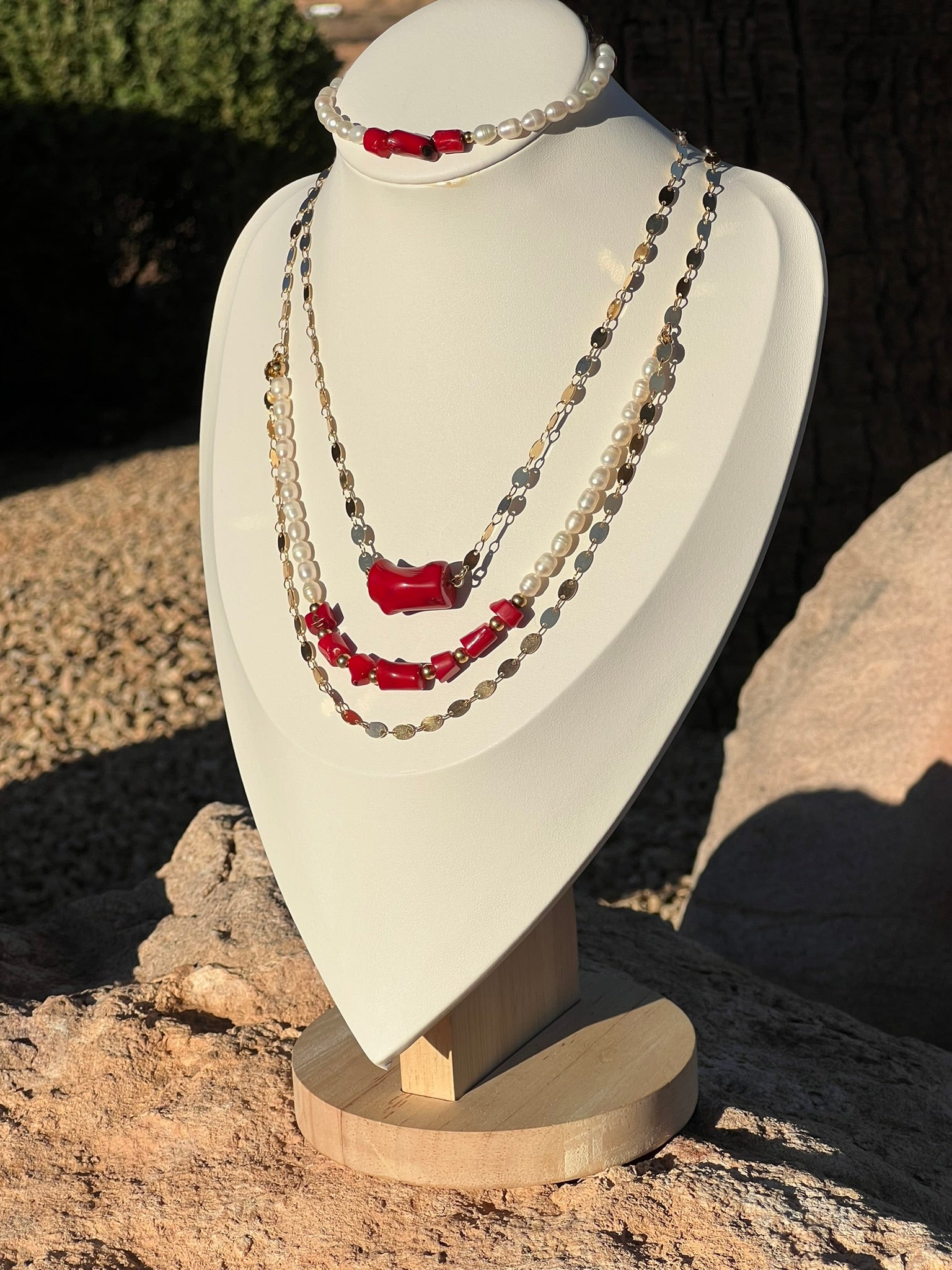 OOAK - Coral Queen Freshwater Pearl Red Coral Necklace Set with Bracelet