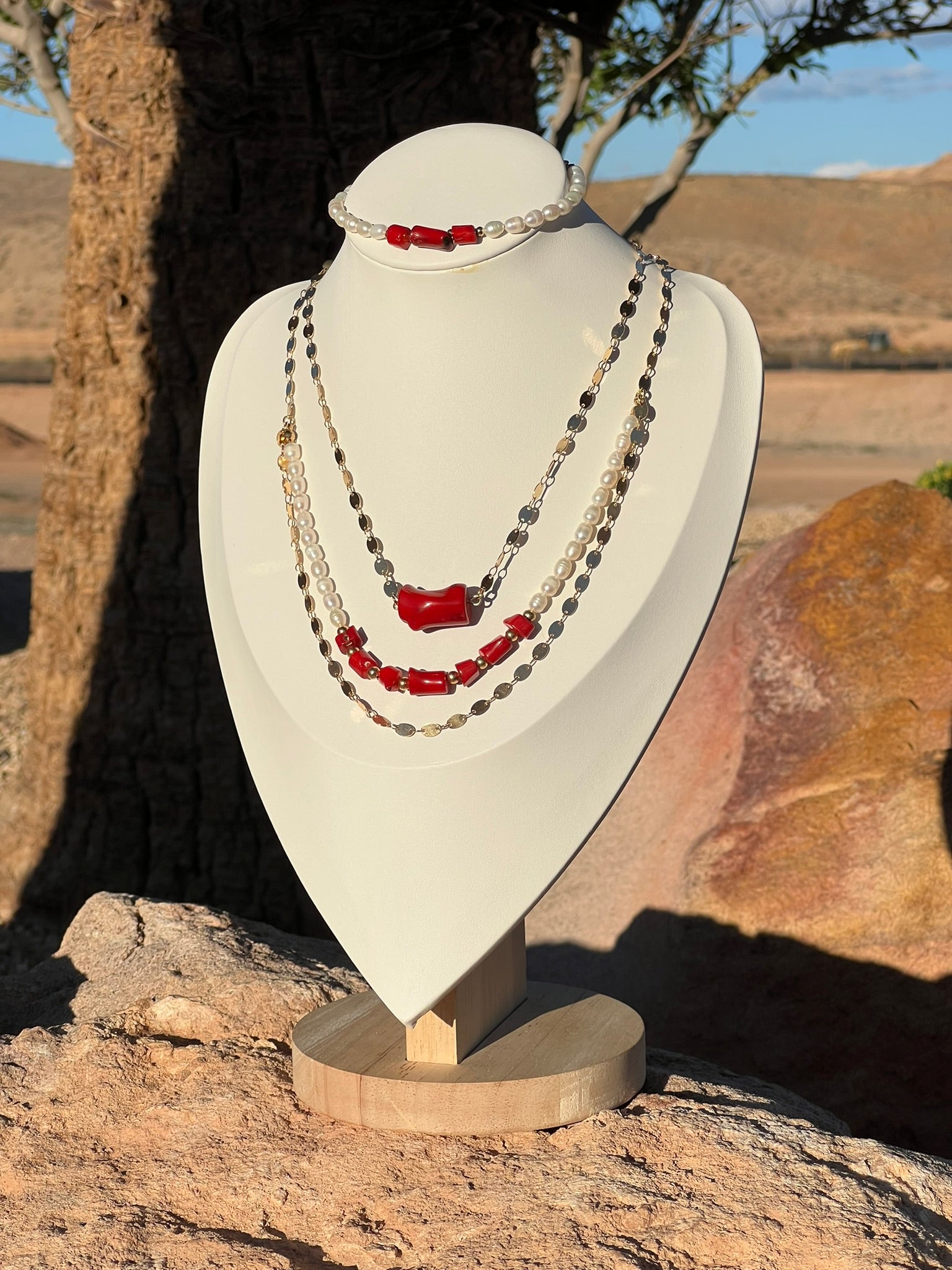 OOAK - Coral Queen Freshwater Pearl Red Coral Necklace Set with Bracelet