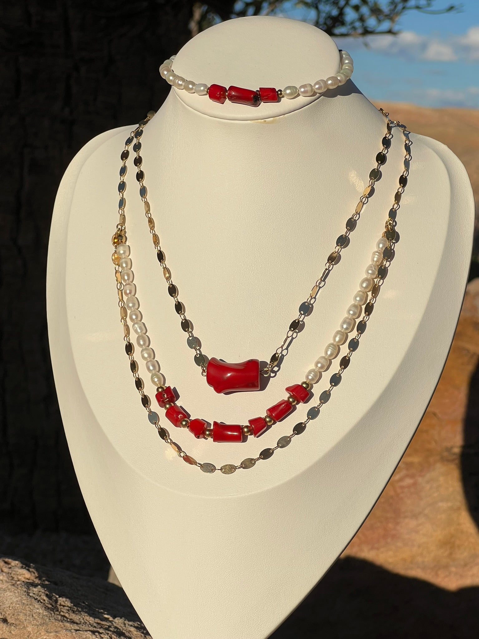 OOAK - Coral Queen Freshwater Pearl Red Coral Necklace Set with Bracelet