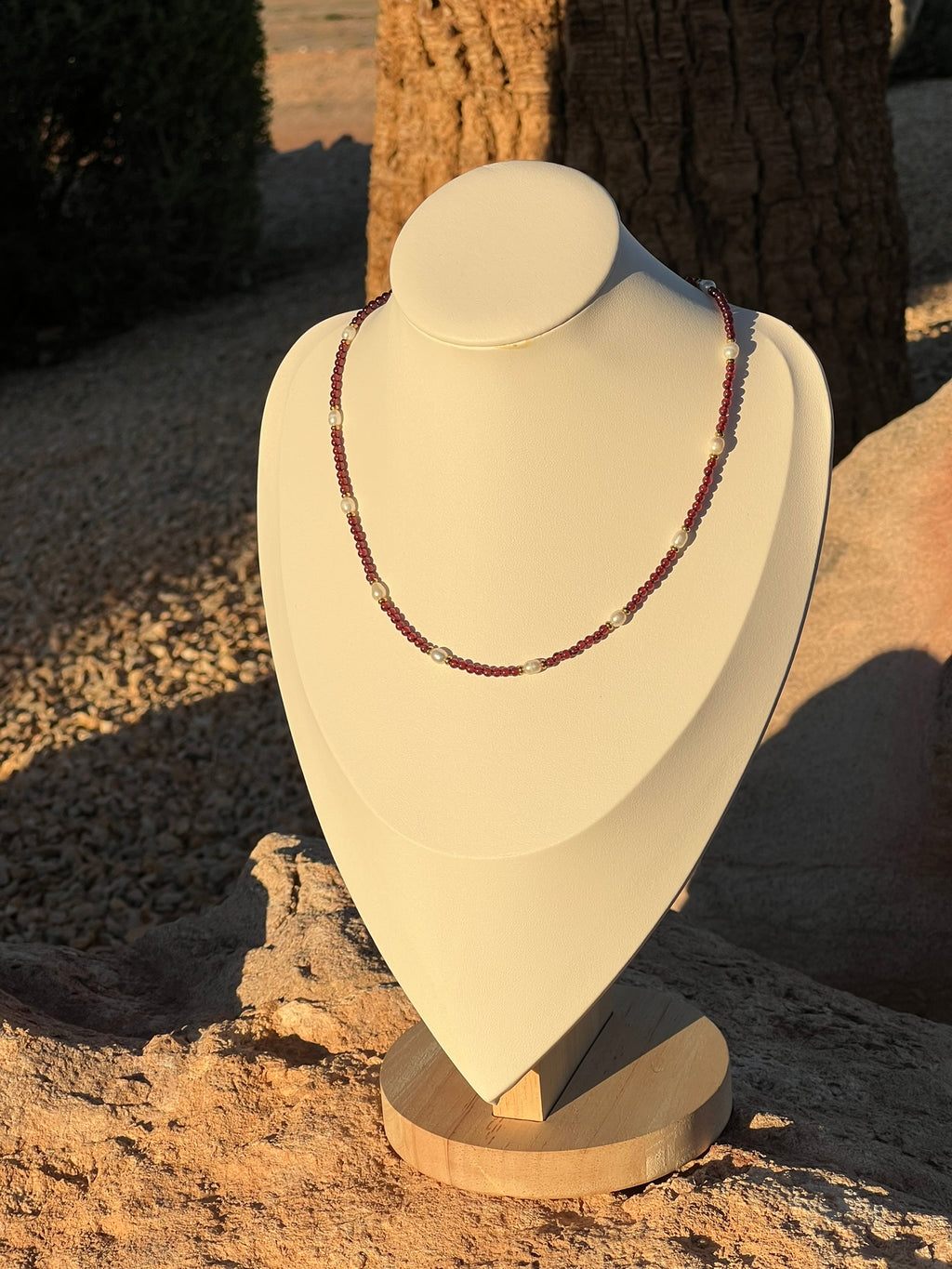 Gwendolyn - Garnet Dainty Gemstone Freshwater Pearl Handcrafted Necklace