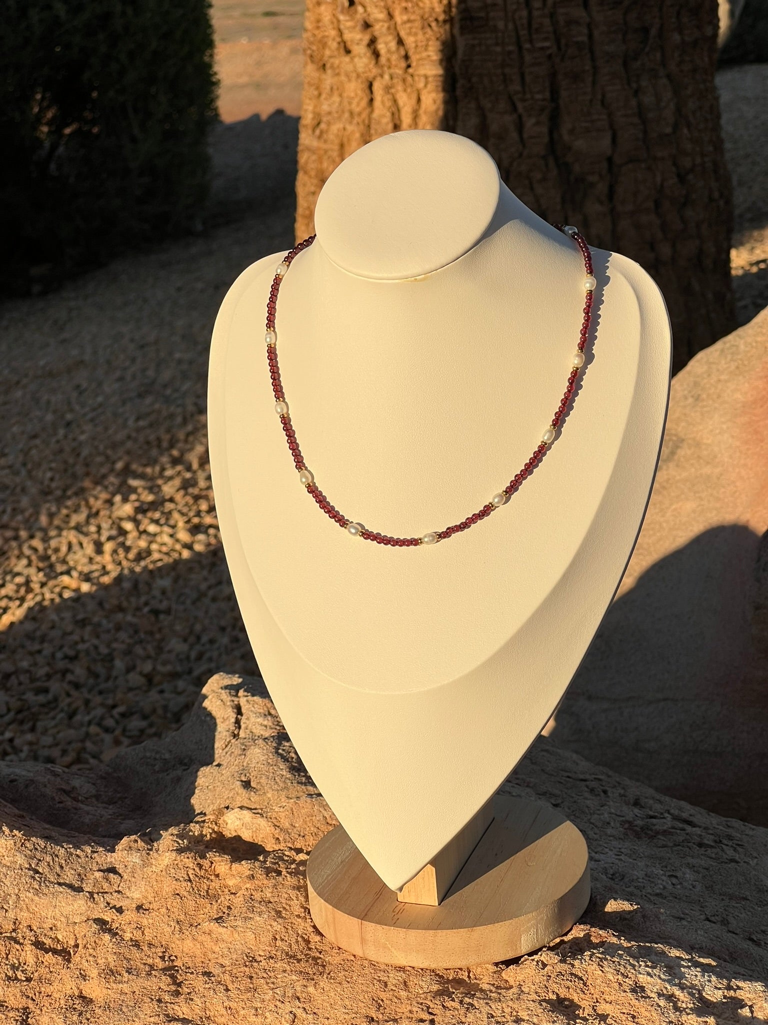 Gwendolyn - Garnet Dainty Gemstone Freshwater Pearl Handcrafted Necklace