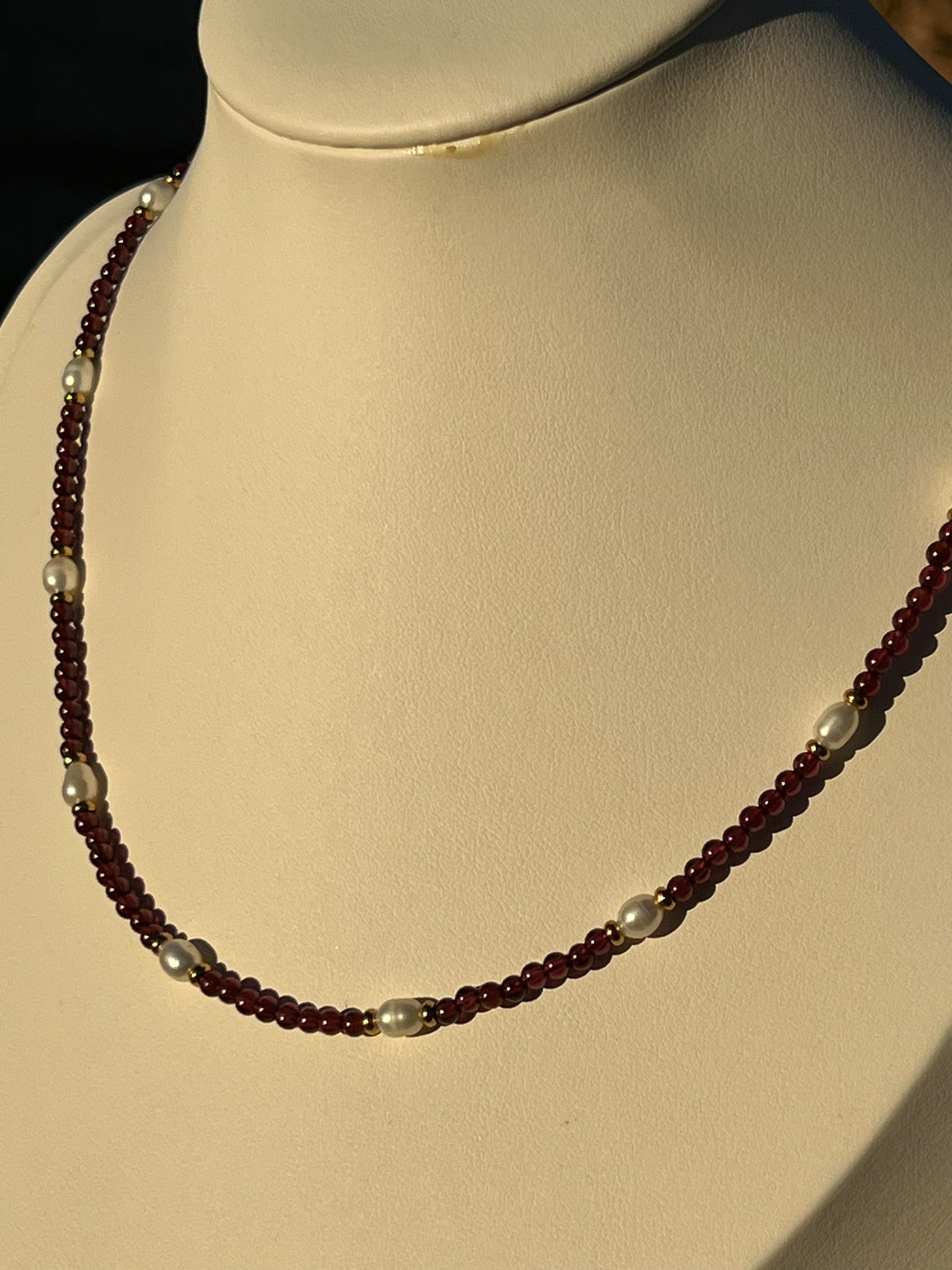 Gwendolyn - Garnet Dainty Gemstone Freshwater Pearl Handcrafted Necklace