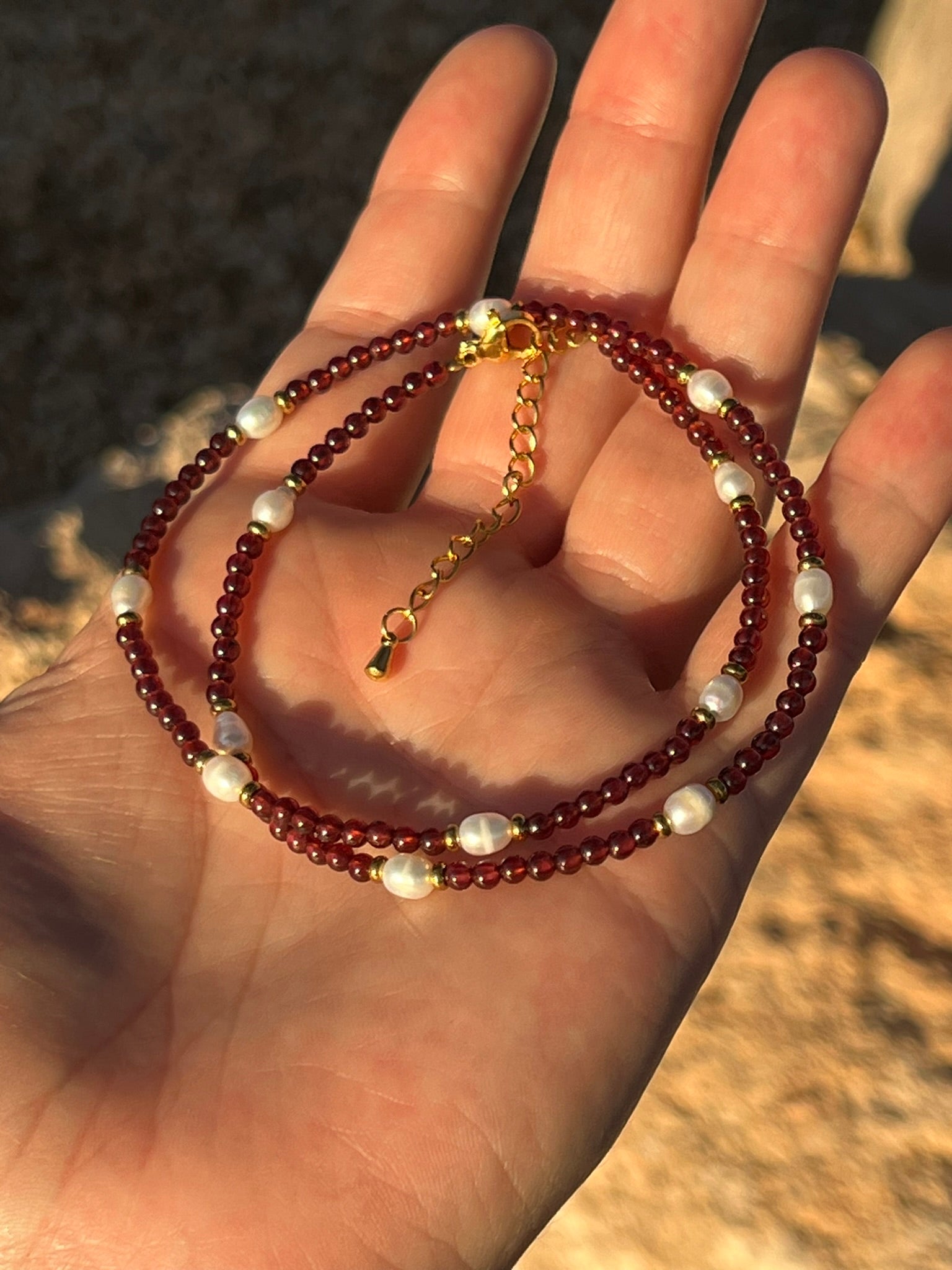 Gwendolyn - Garnet Dainty Gemstone Freshwater Pearl Handcrafted Necklace