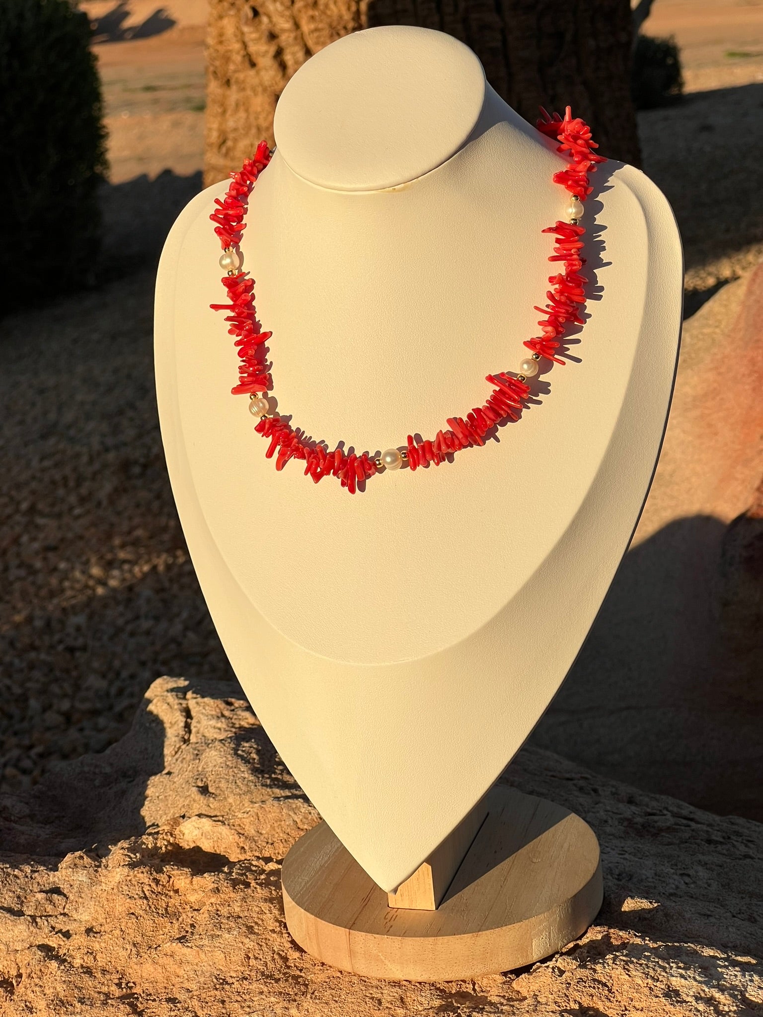 Chantal - Freshwater Pearl and Red Coral Statement Handmade Necklace
