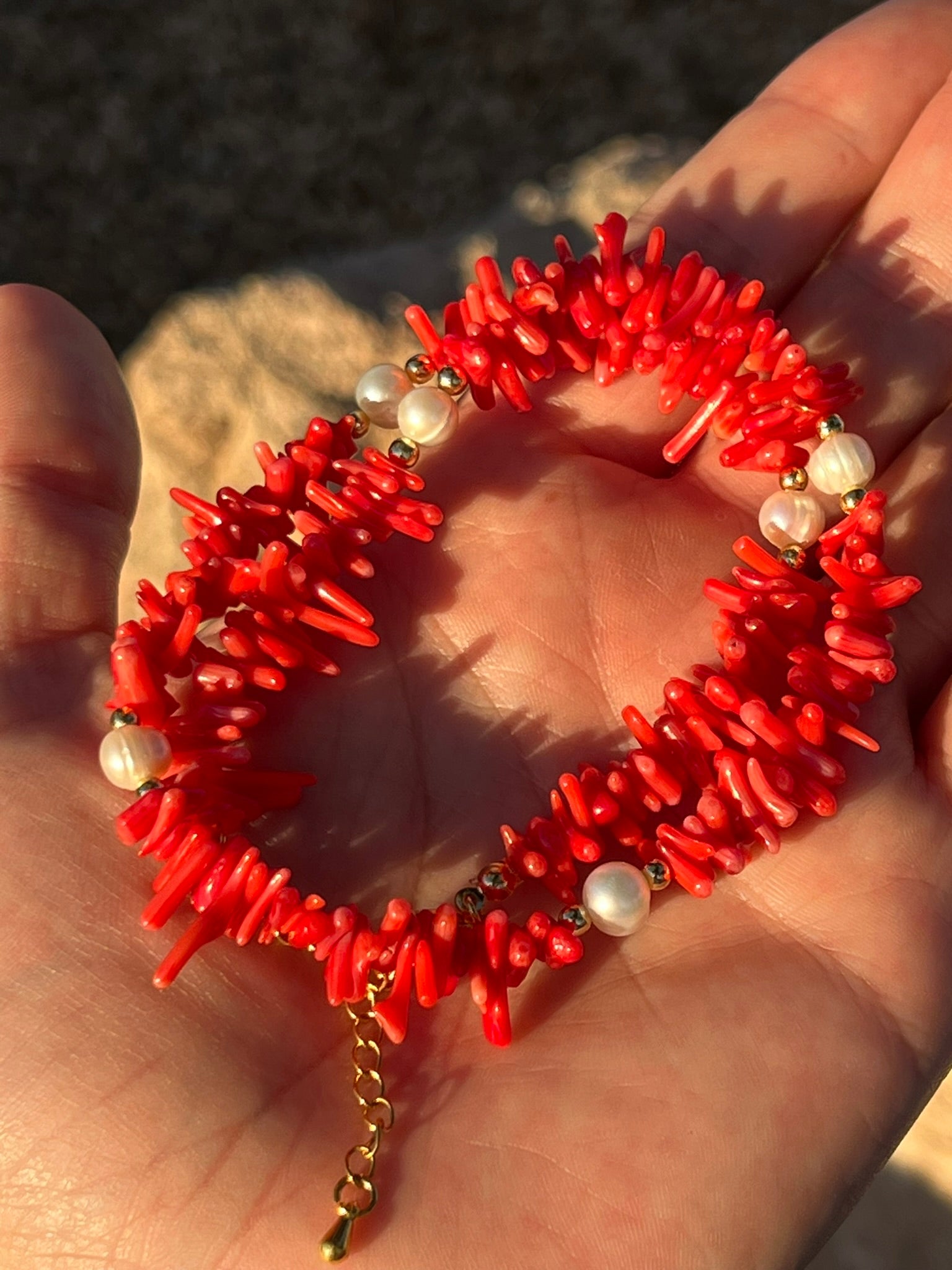 Chantal - Freshwater Pearl and Red Coral Statement Handmade Necklace