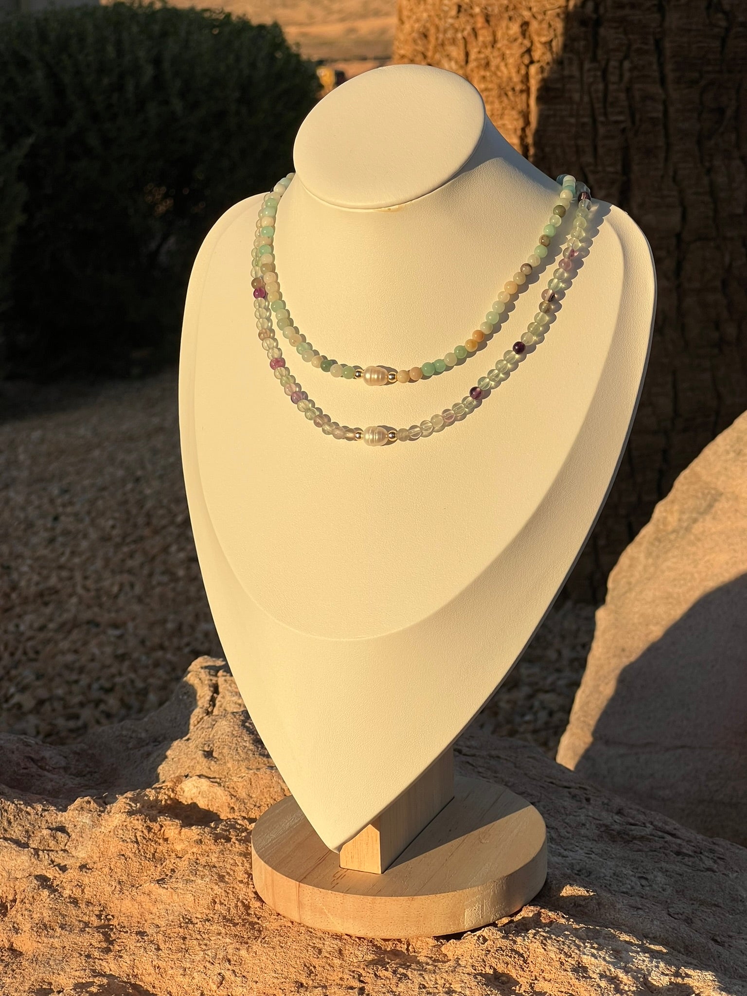 Fleur - Dainty Freshwater Pearl Flourite Amazonite Gemstone Handcrafted Necklace