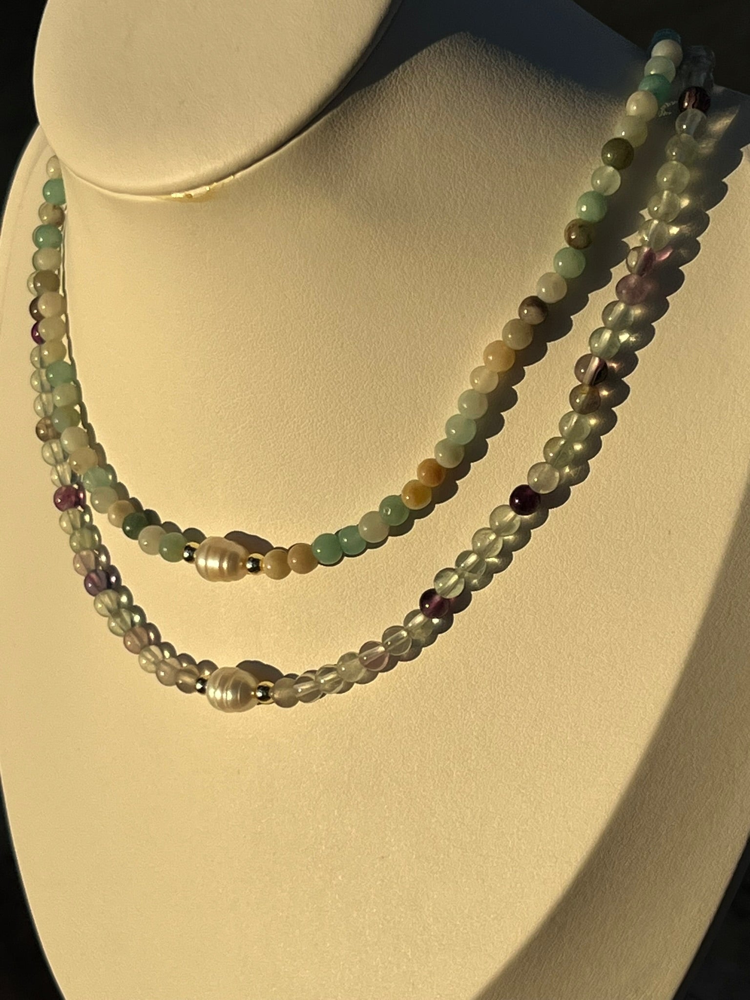 Fleur - Dainty Freshwater Pearl Flourite Amazonite Gemstone Handcrafted Necklace