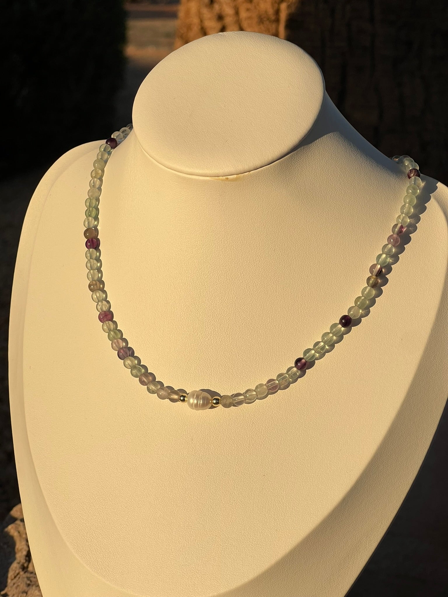 Fleur - Dainty Freshwater Pearl Flourite Amazonite Gemstone Handcrafted Necklace