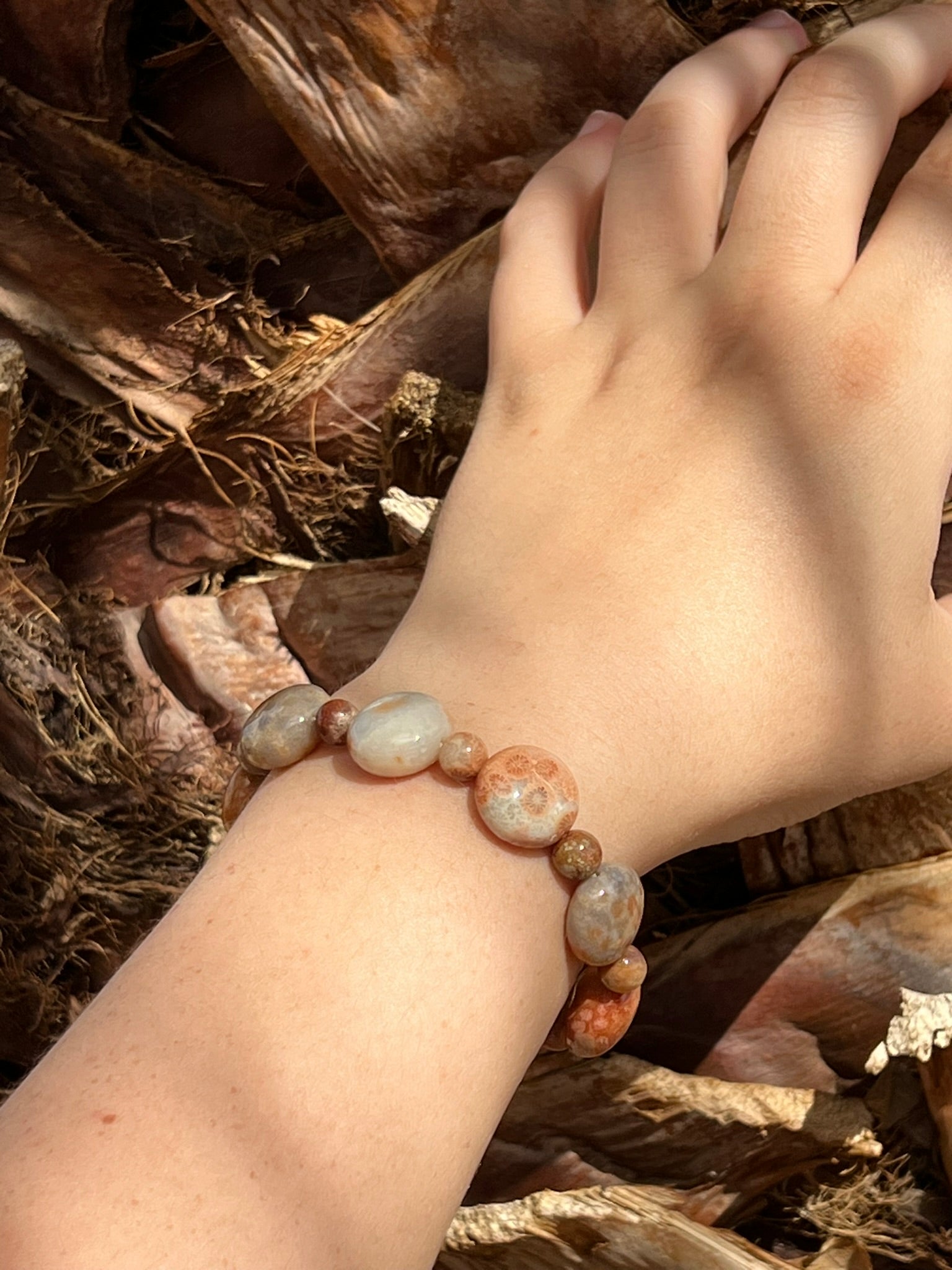 Coraline - Orange and Brown Coral Bead Stretch Bracelet
