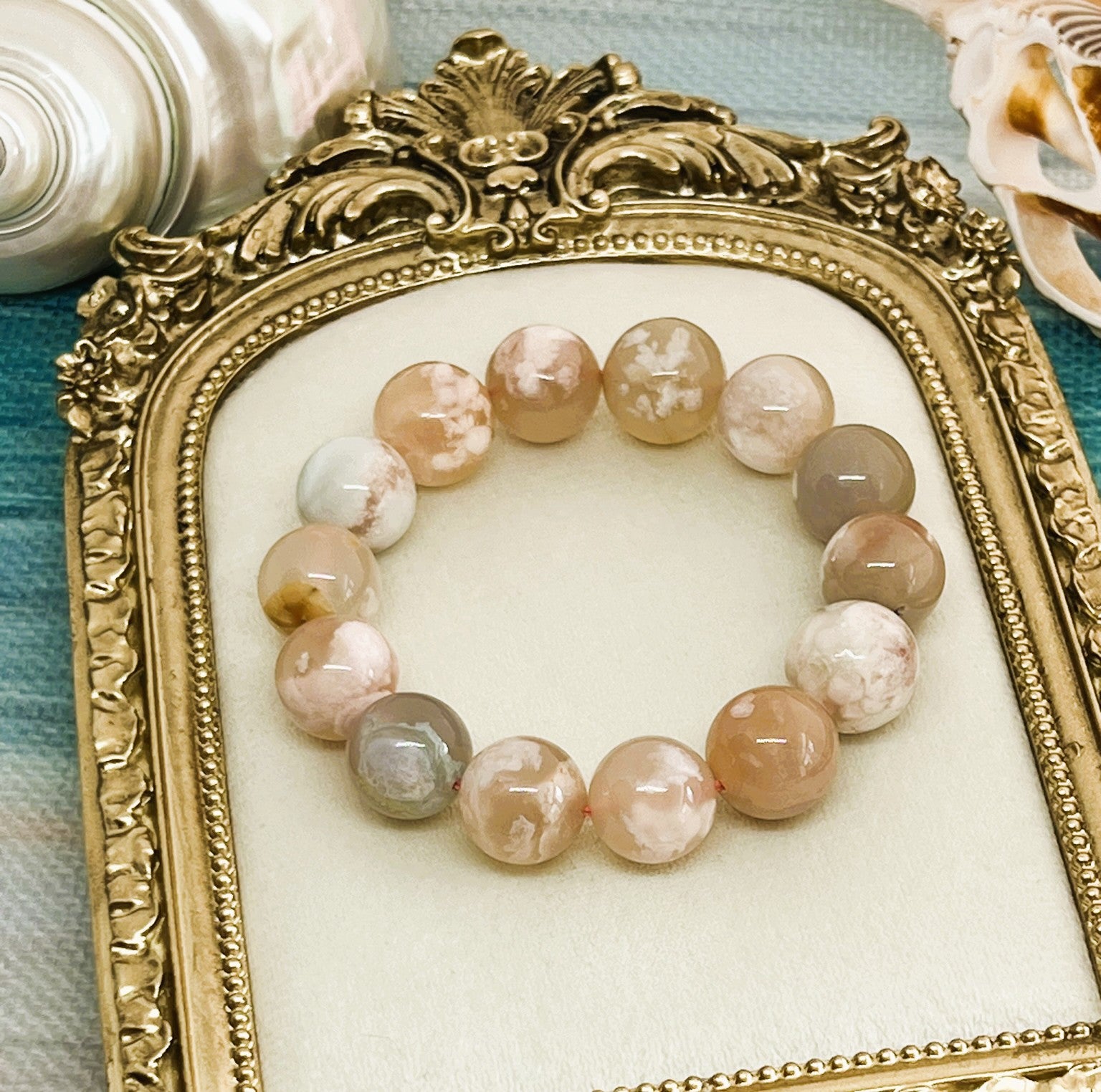 Rare 14mm Sakura Flower Agate High Quality AAA Stretch Bracelet
