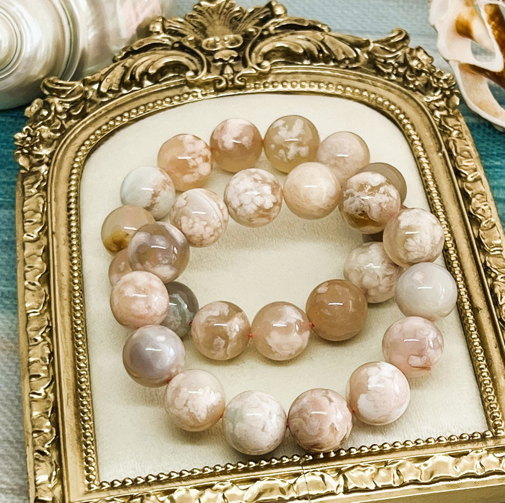 Rare 14mm Sakura Flower Agate High Quality AAA Stretch Bracelet