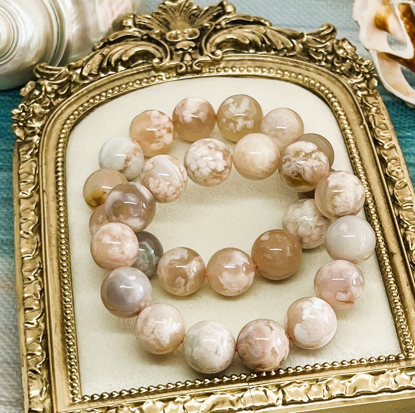 Rare 14mm Sakura Flower Agate High Quality AAA Stretch Bracelet