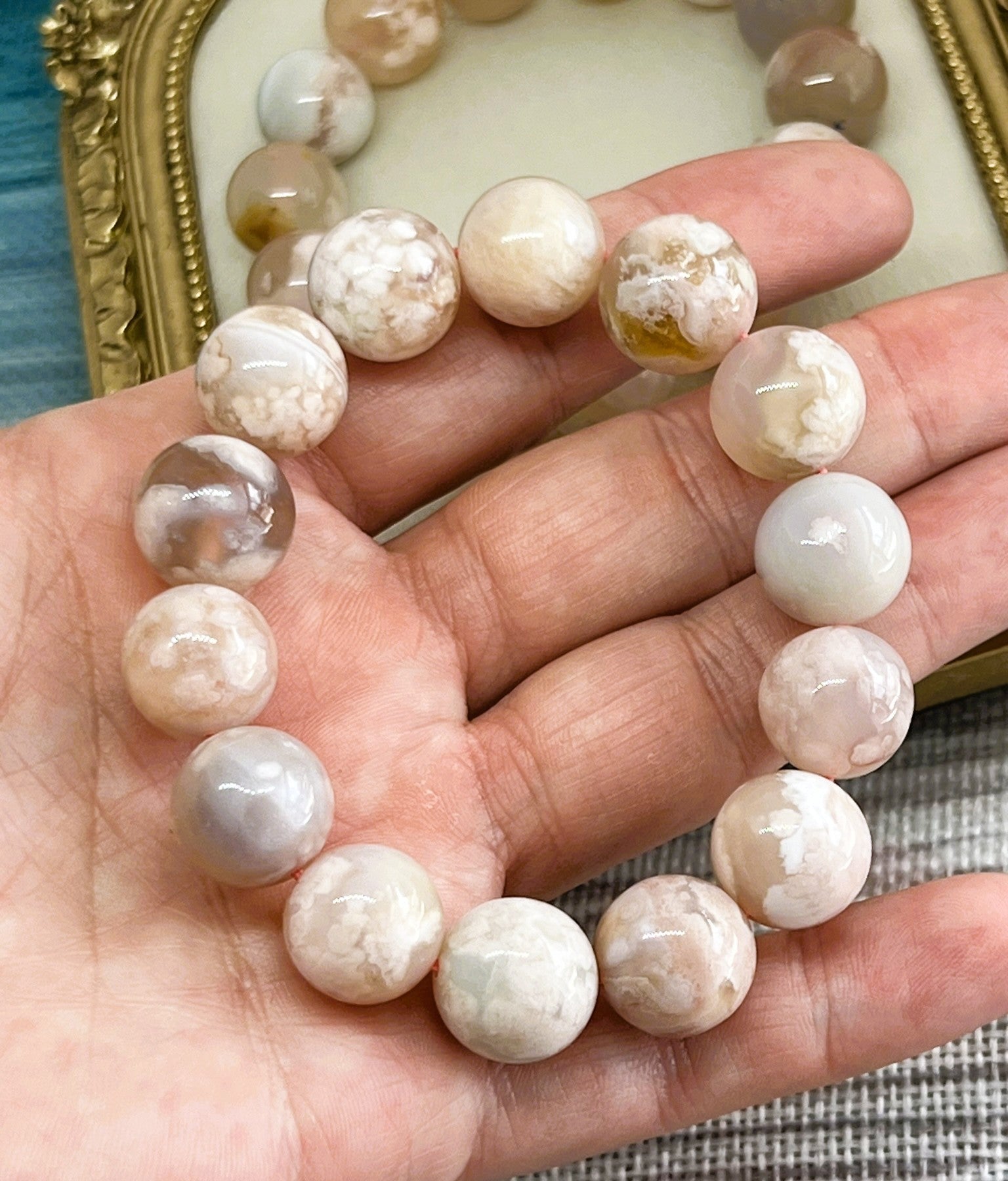 Rare 14mm Sakura Flower Agate High Quality AAA Stretch Bracelet