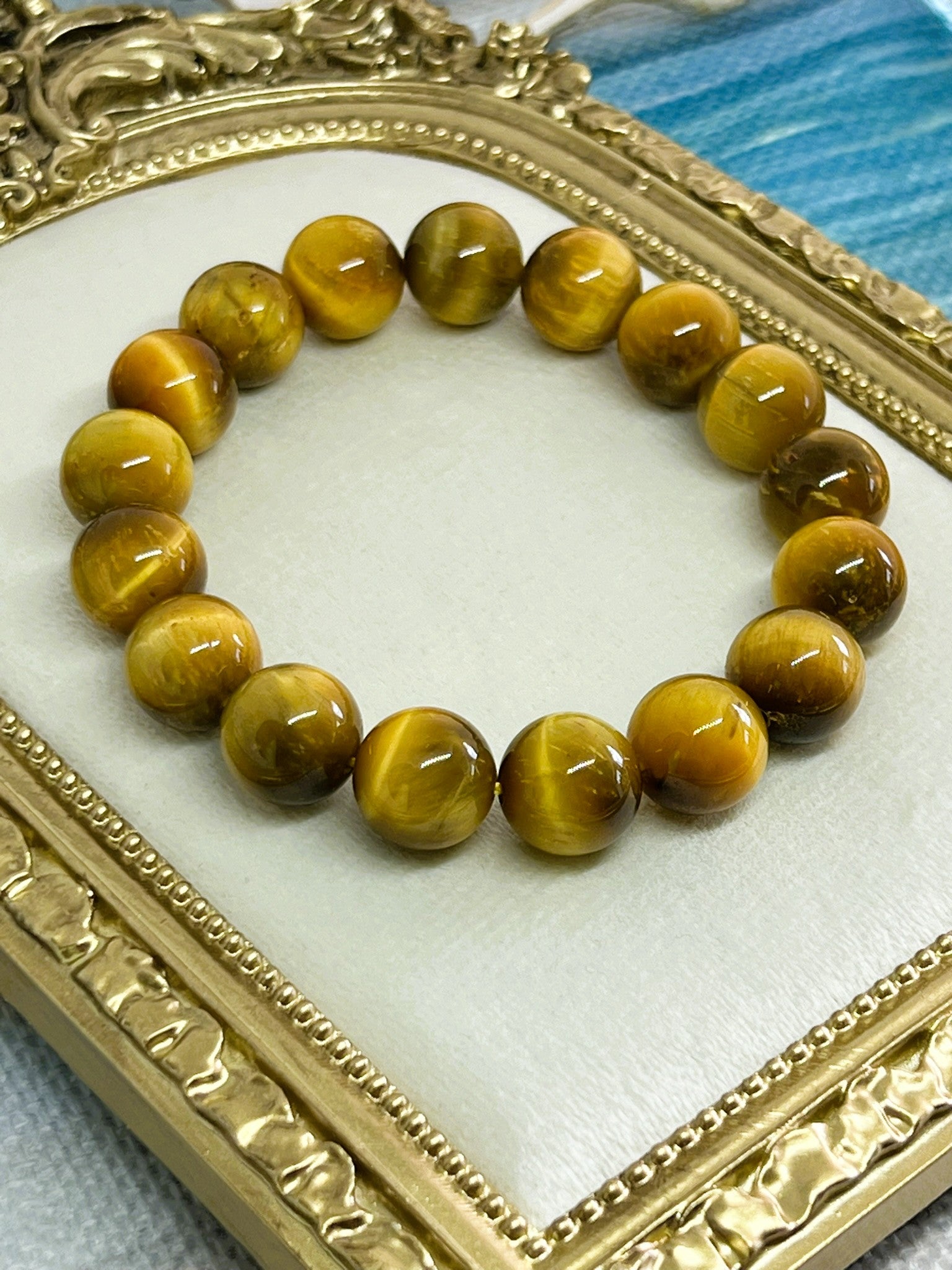 Rare Large 12mm High-Quality Golden Tiger’s Eye Crystal Bead Stretch Bracelet
