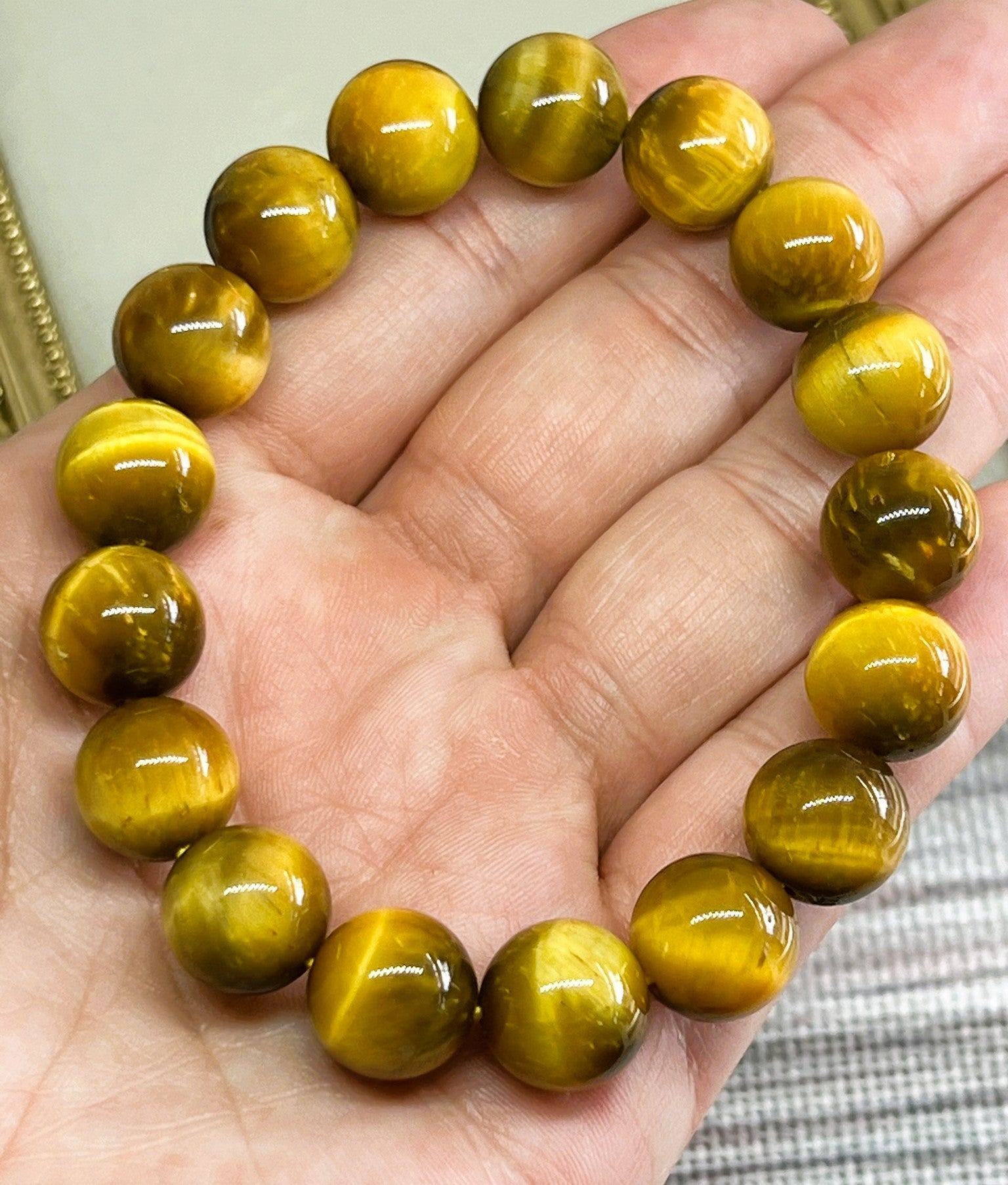 Rare Large 12mm High-Quality Golden Tiger’s Eye Crystal Bead Stretch Bracelet