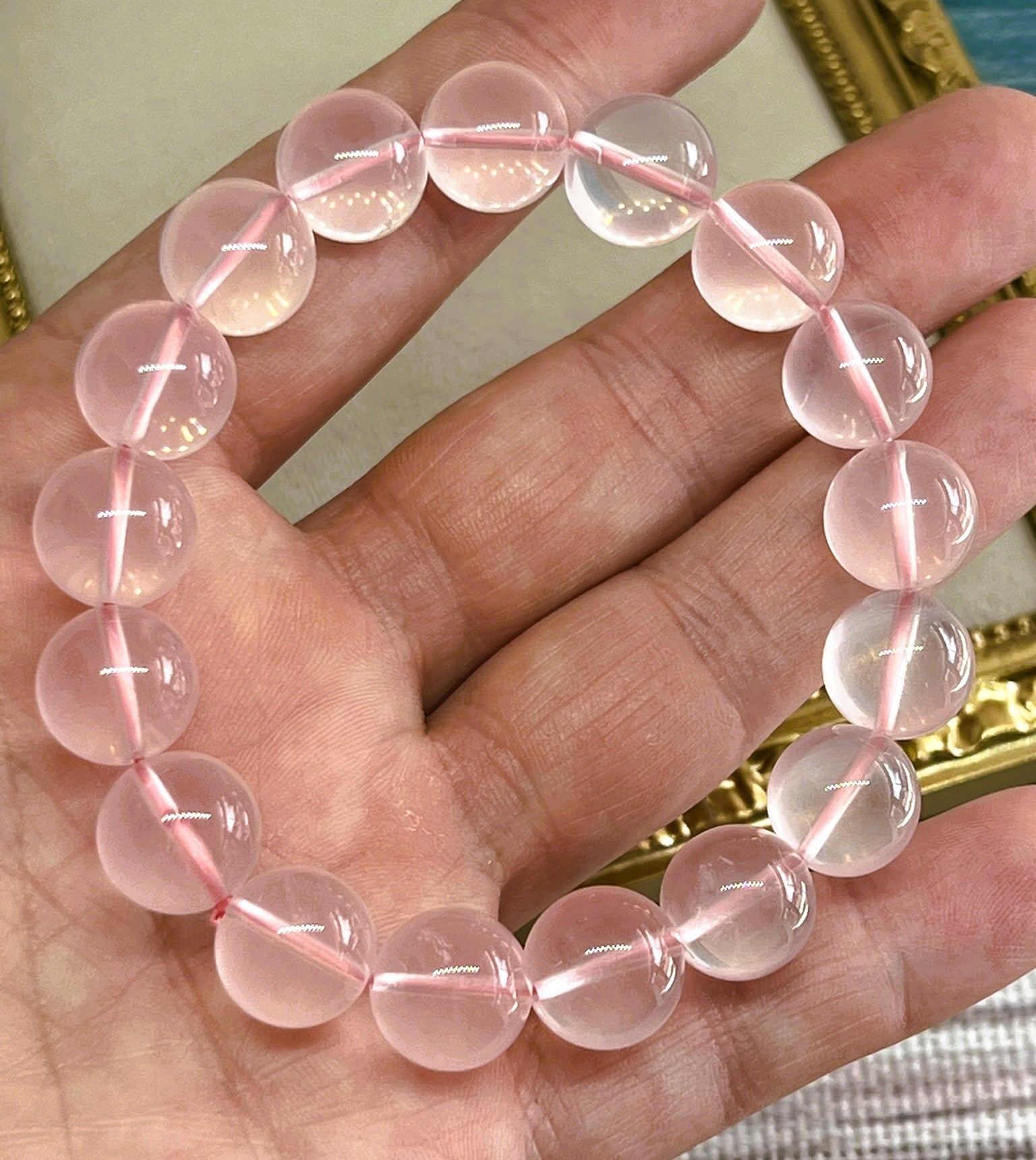 Rare 12mm Star Rose Quartz Hexagram Fire Polished Bead Stretch Bracelet