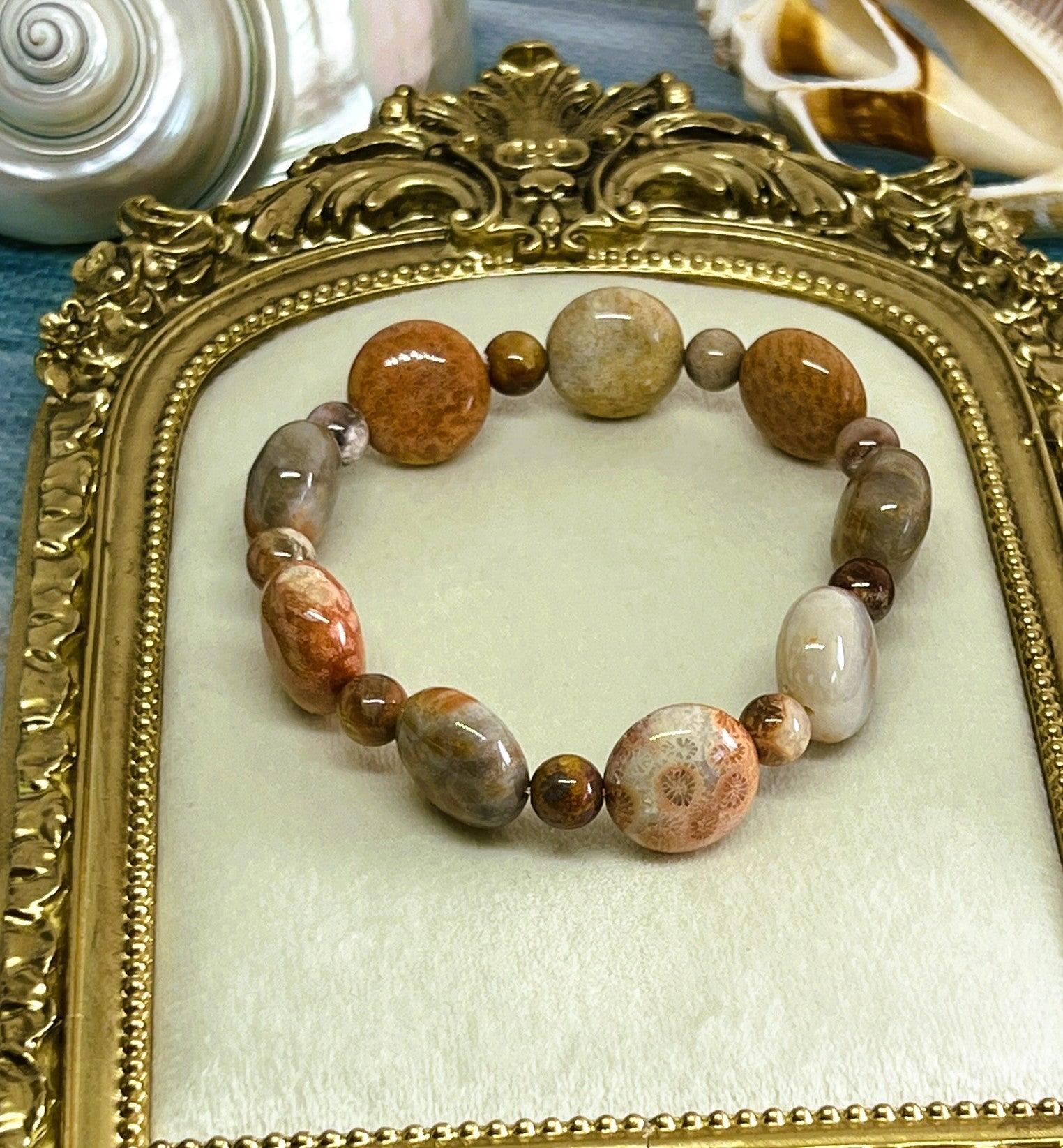 Coraline - Orange and Brown Coral Bead Stretch Bracelet