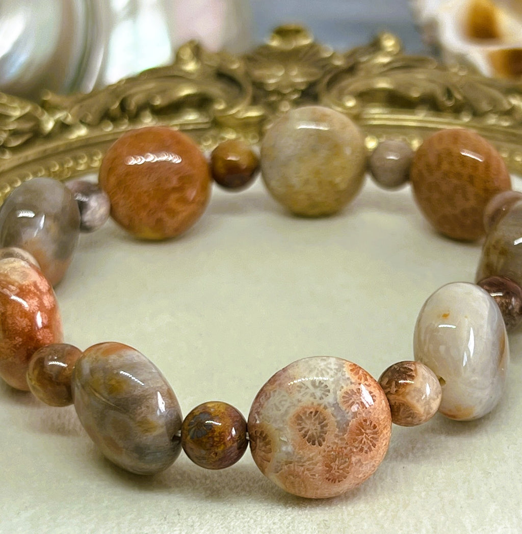Coraline - Orange and Brown Coral Bead Stretch Bracelet