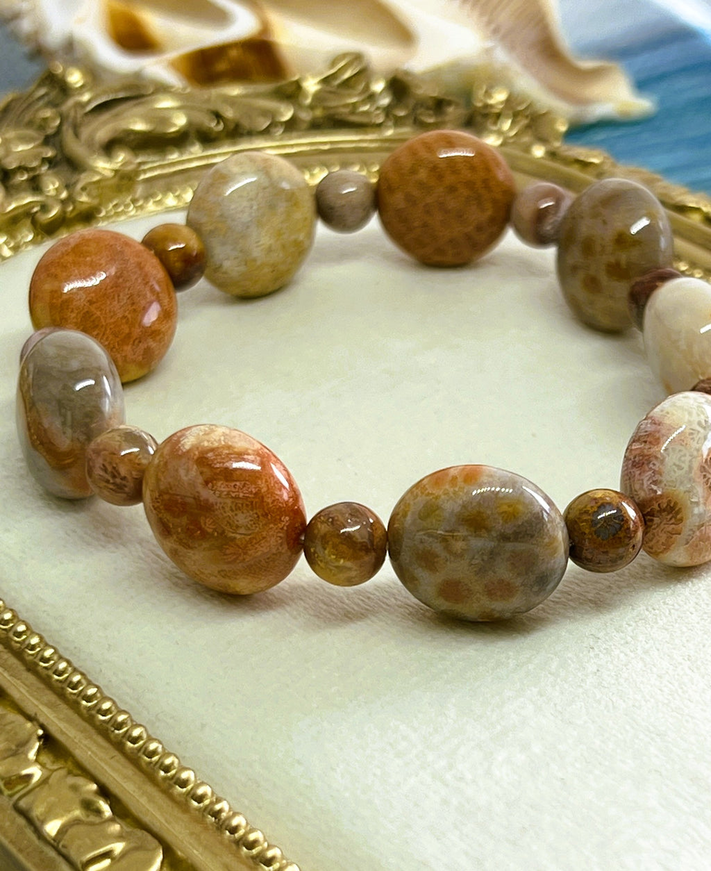 Coraline - Orange and Brown Coral Bead Stretch Bracelet
