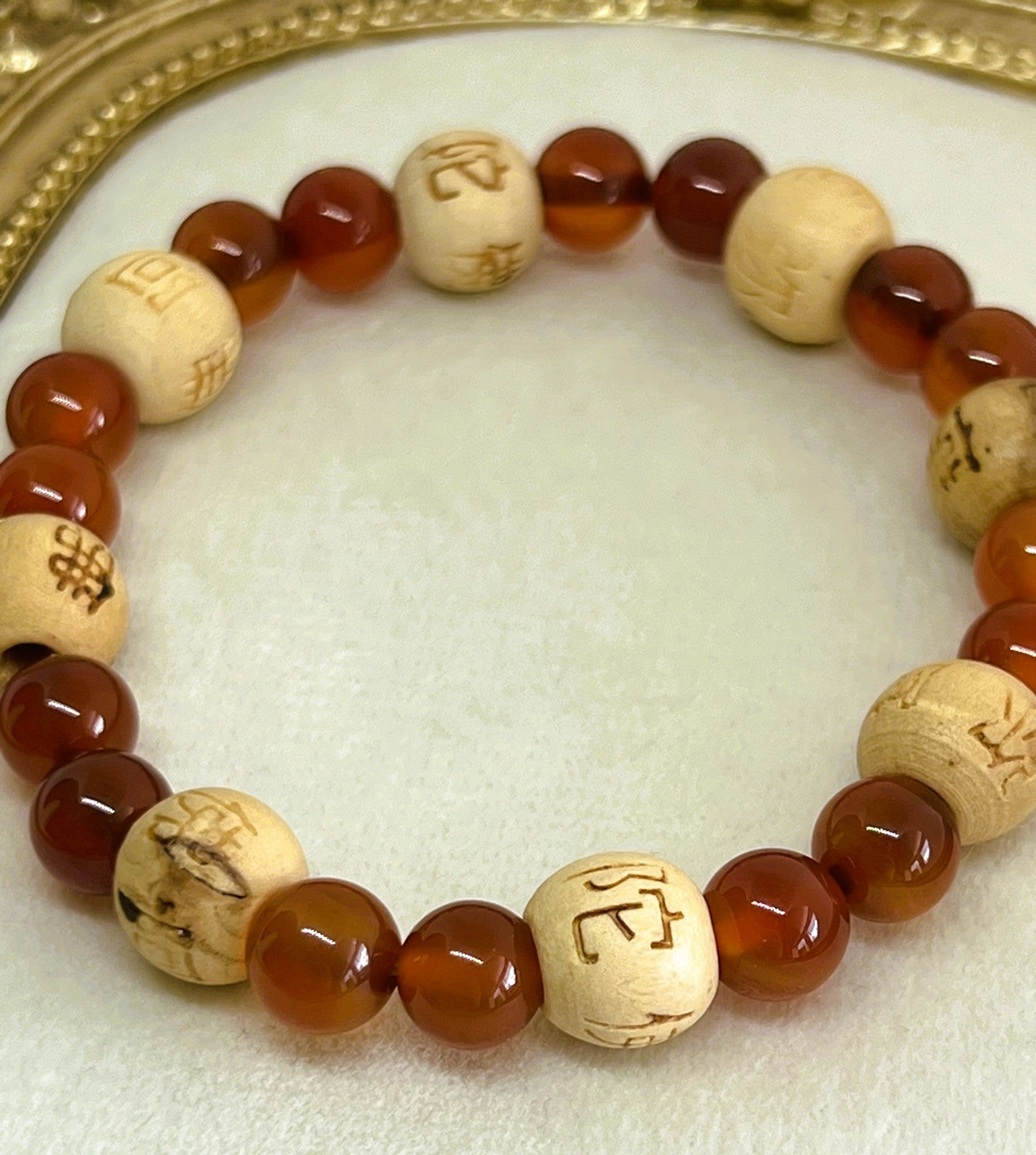 Huo - Red Carnelian & White Wood Bead Bracelet with Chinese Character Engravings