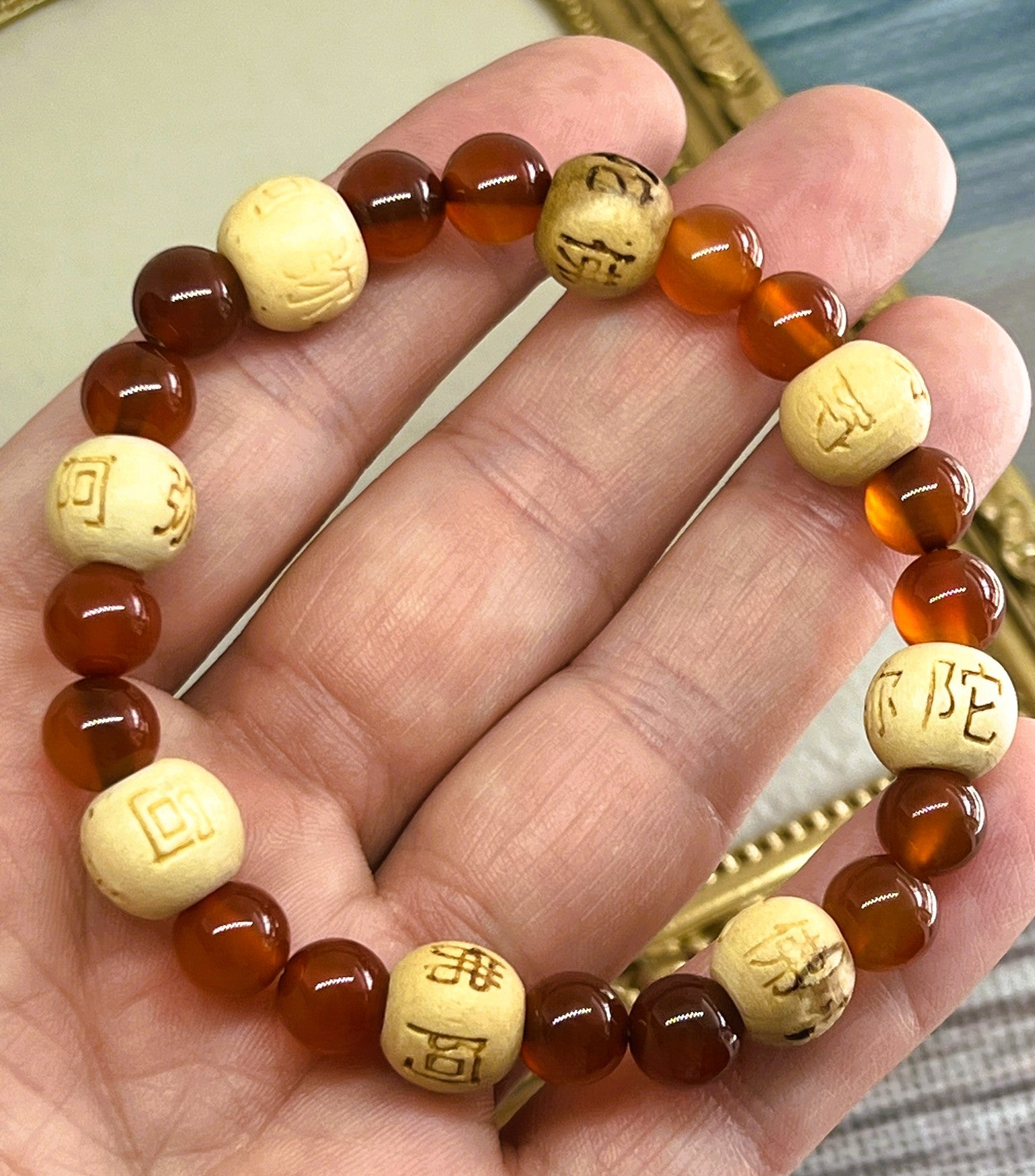 Huo - Red Carnelian & White Wood Bead Bracelet with Chinese Character Engravings