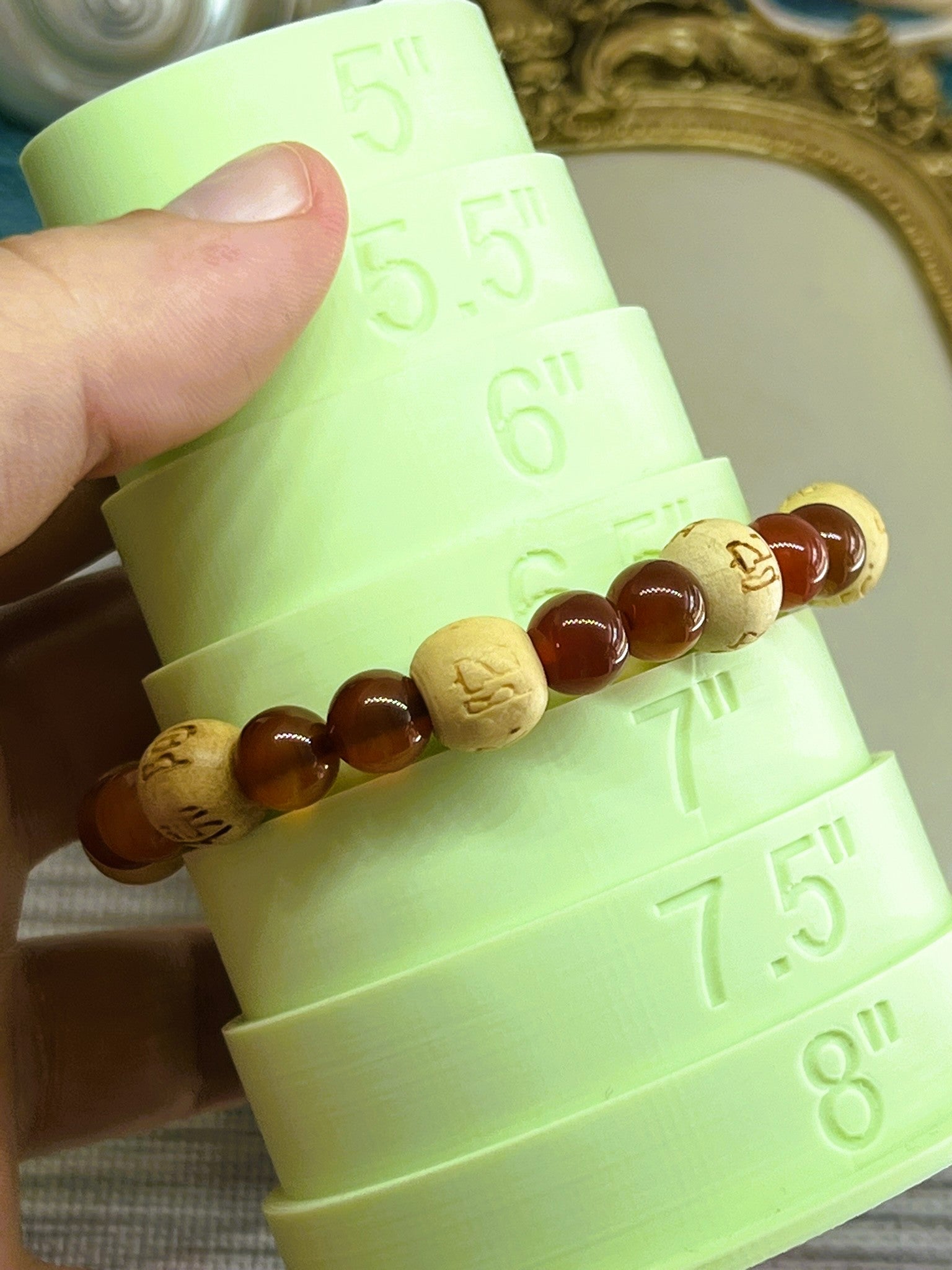 Huo - Red Carnelian & White Wood Bead Bracelet with Chinese Character Engravings