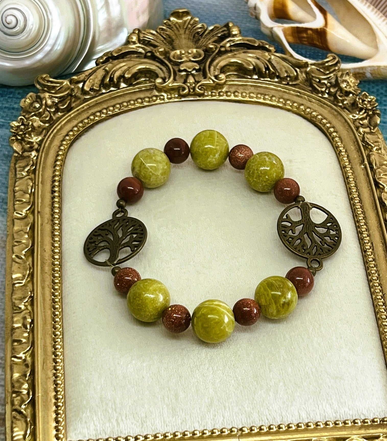 Gaia - Orange Sandstone & Green Jasper Bead Stretch Bracelet with Bronze Tree of Life Charms