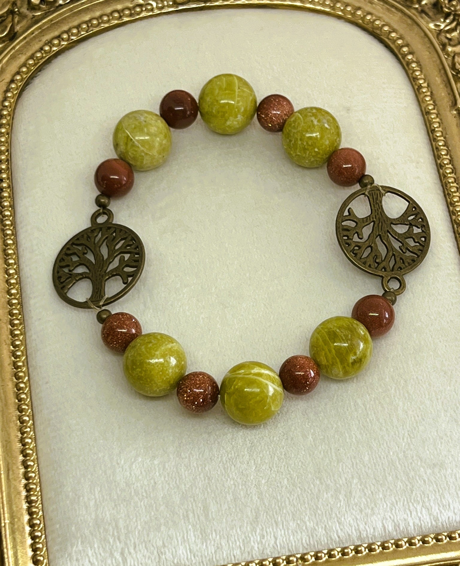 Gaia - Orange Sandstone & Green Jasper Bead Stretch Bracelet with Bronze Tree of Life Charms