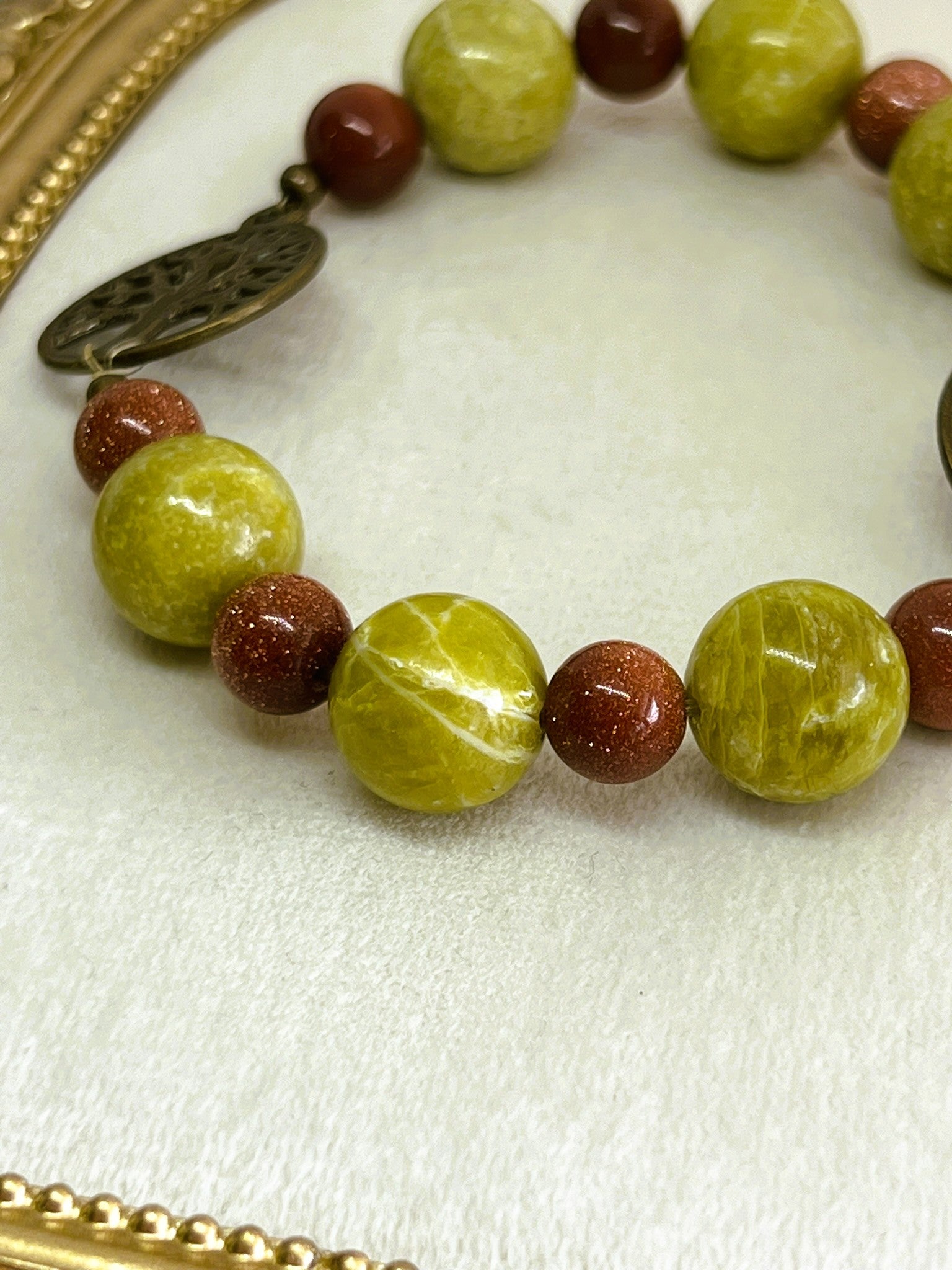 Gaia - Orange Sandstone & Green Jasper Bead Stretch Bracelet with Bronze Tree of Life Charms
