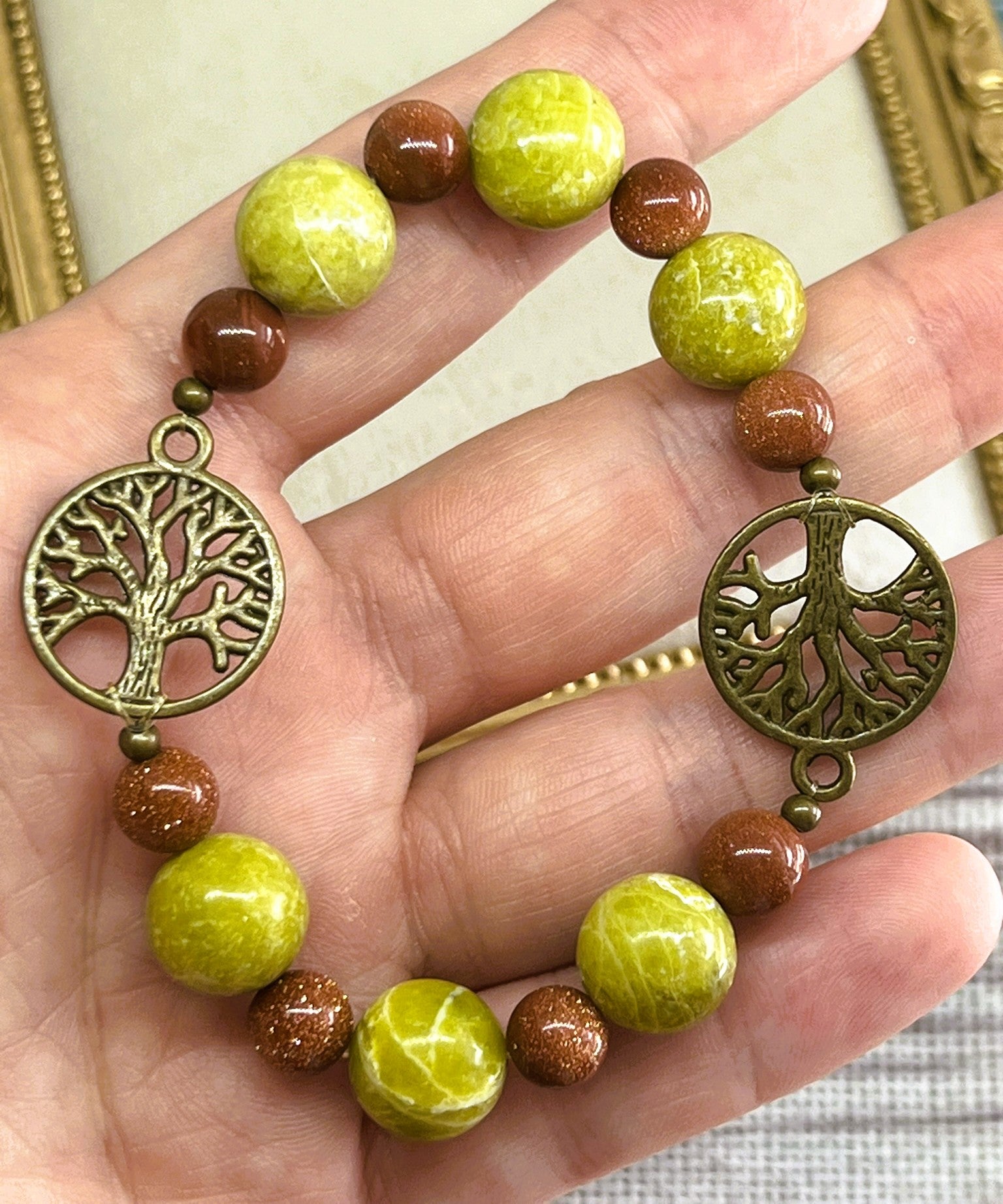 Gaia - Orange Sandstone & Green Jasper Bead Stretch Bracelet with Bronze Tree of Life Charms