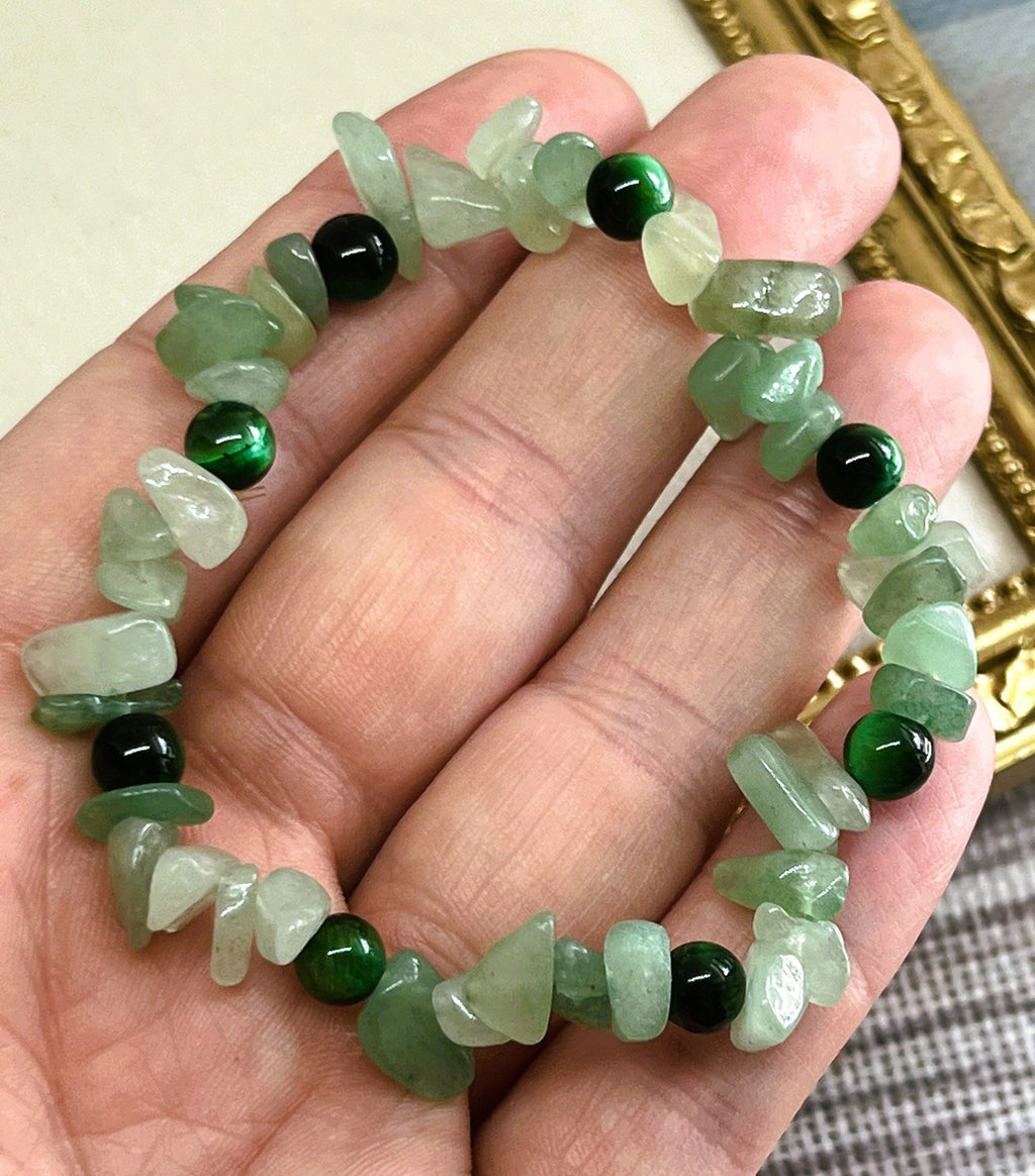 Juniper - Green Tiger’s Eye & Aventurine Rock Chip Bead Stretch Bracelet