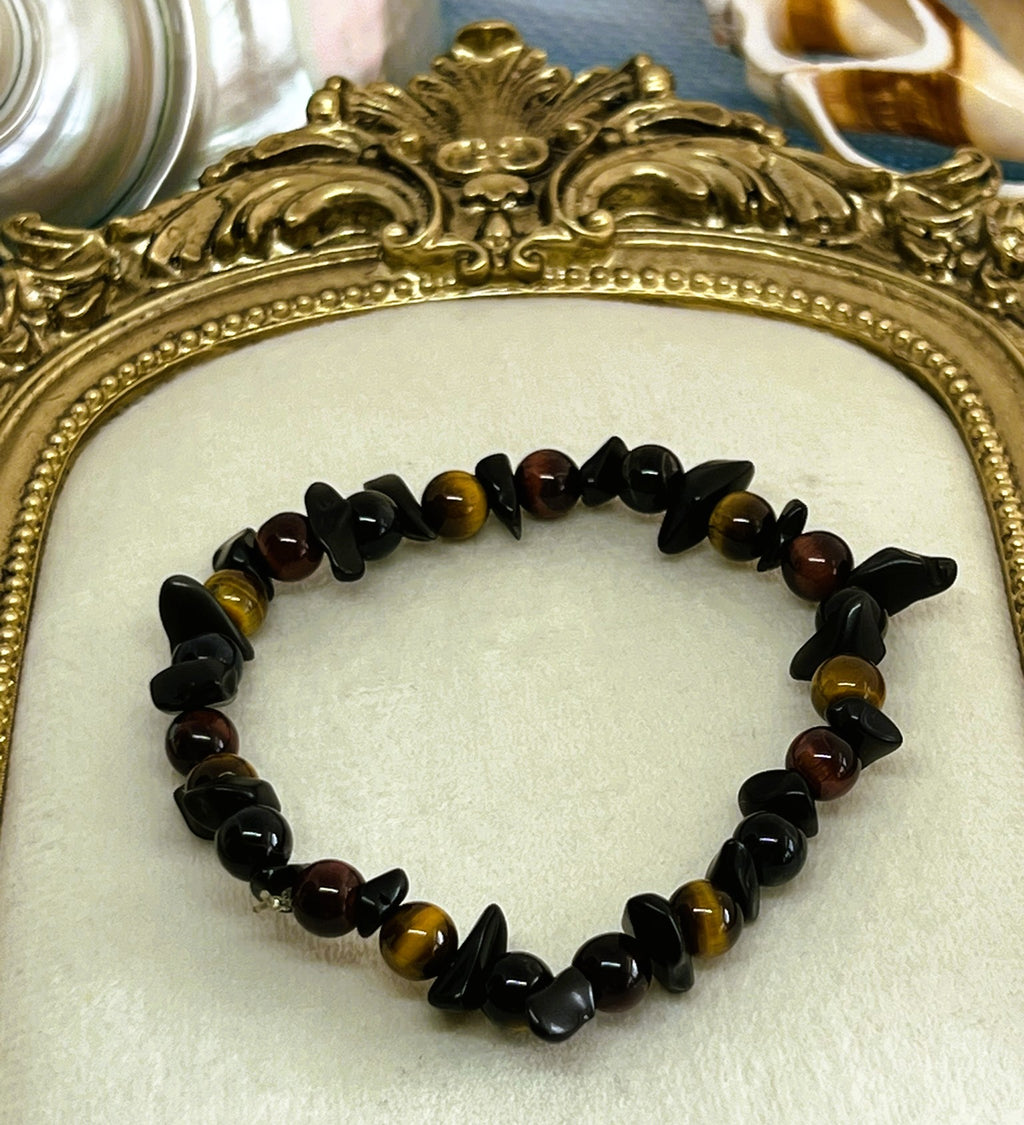Dracon - Black Obsidian Rock Chip and Tiger’s Eye Bead Stretch Bracelet