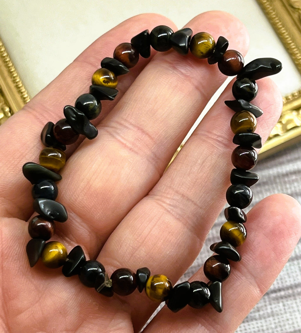 Dracon - Black Obsidian Rock Chip and Tiger’s Eye Bead Stretch Bracelet