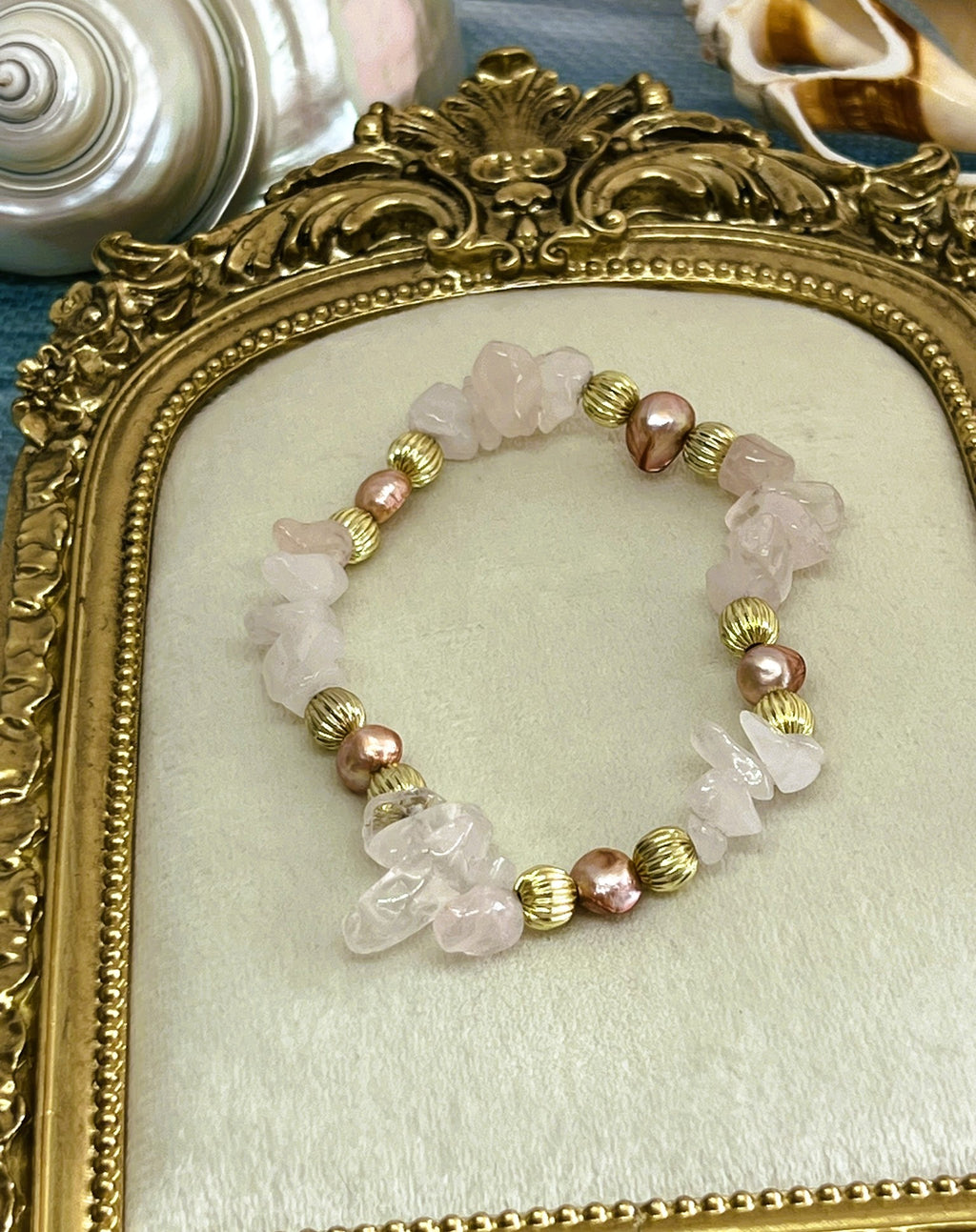 Athena - Pink Freshwater Pearl & Rose Quartz Chip Stretch Bracelet