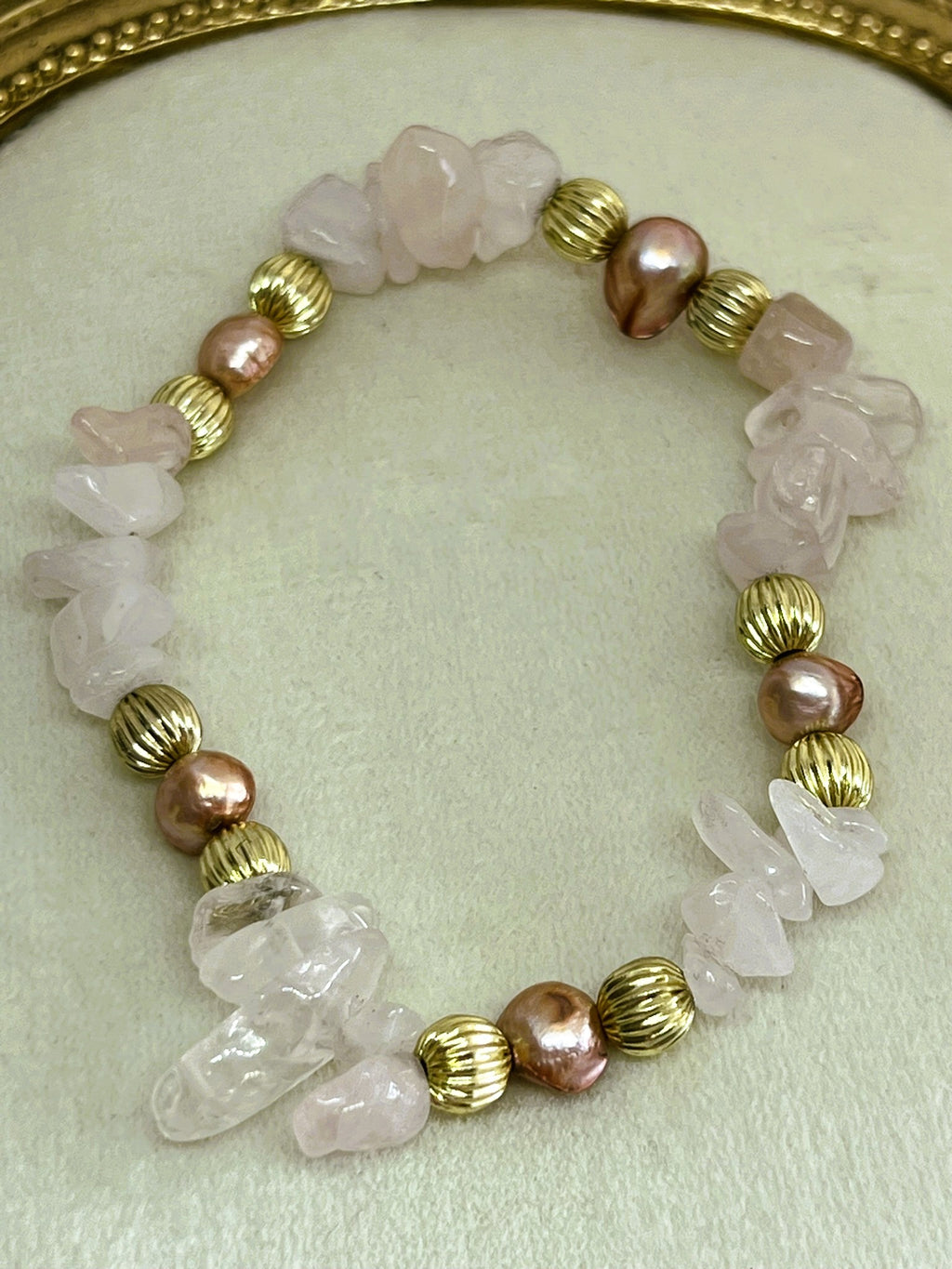 Athena - Pink Freshwater Pearl & Rose Quartz Chip Stretch Bracelet