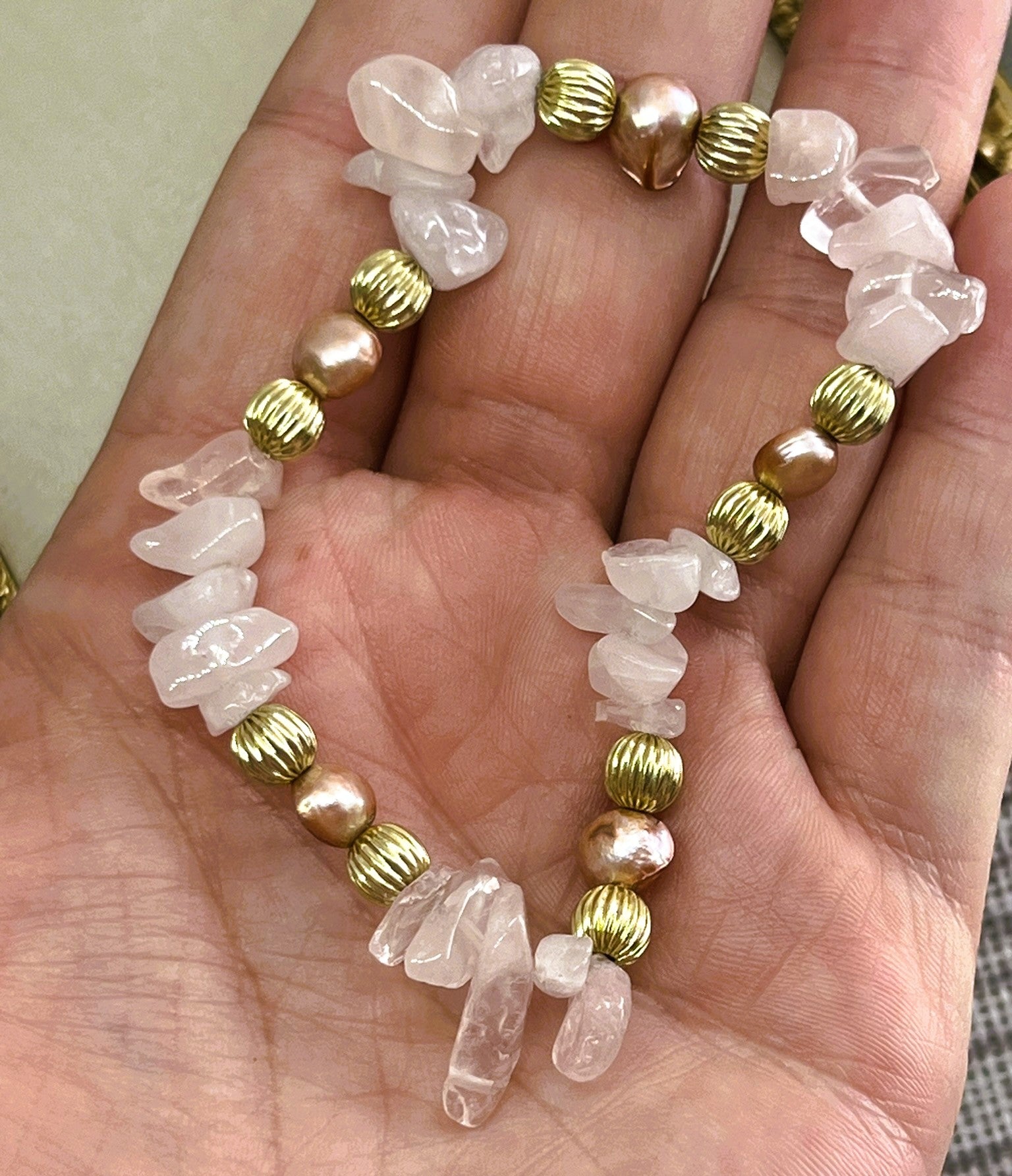 Athena - Pink Freshwater Pearl & Rose Quartz Chip Stretch Bracelet