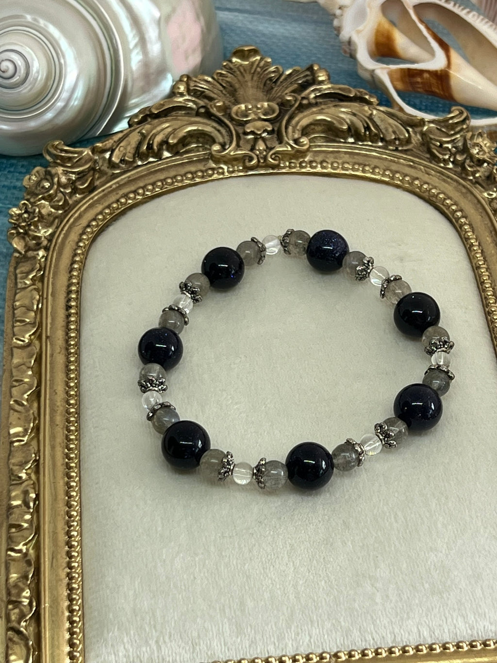 Labradorite & Dark Blue Sandstone Stretch Bracelet with Clear Quartz
