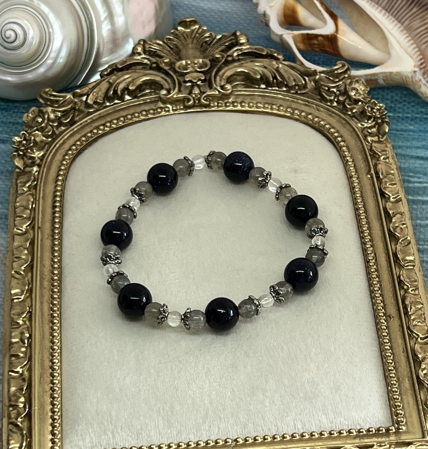 Labradorite & Dark Blue Sandstone Stretch Bracelet with Clear Quartz