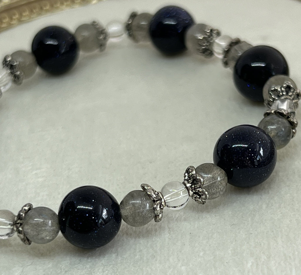 Labradorite & Dark Blue Sandstone Stretch Bracelet with Clear Quartz