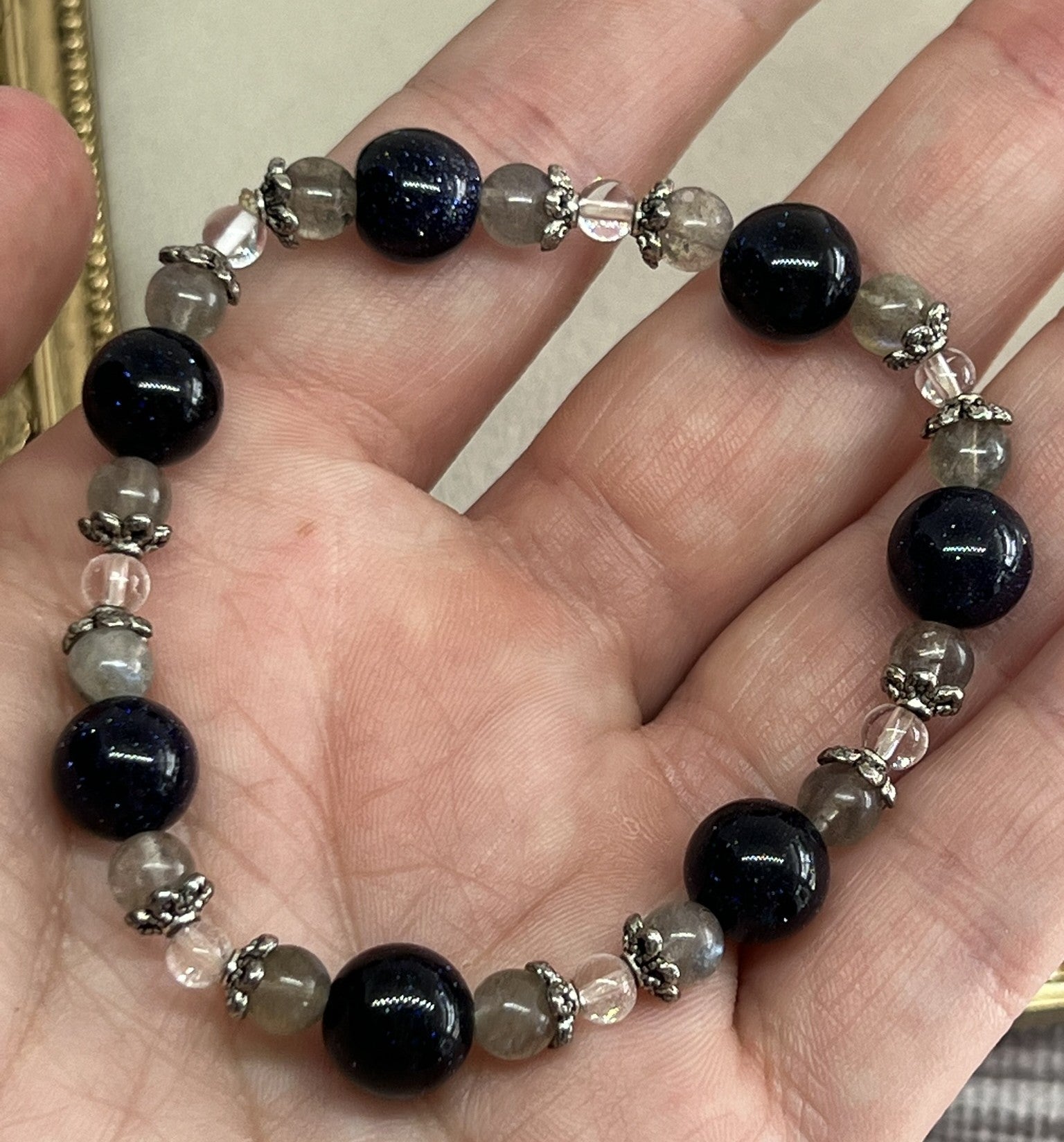 Labradorite & Dark Blue Sandstone Stretch Bracelet with Clear Quartz