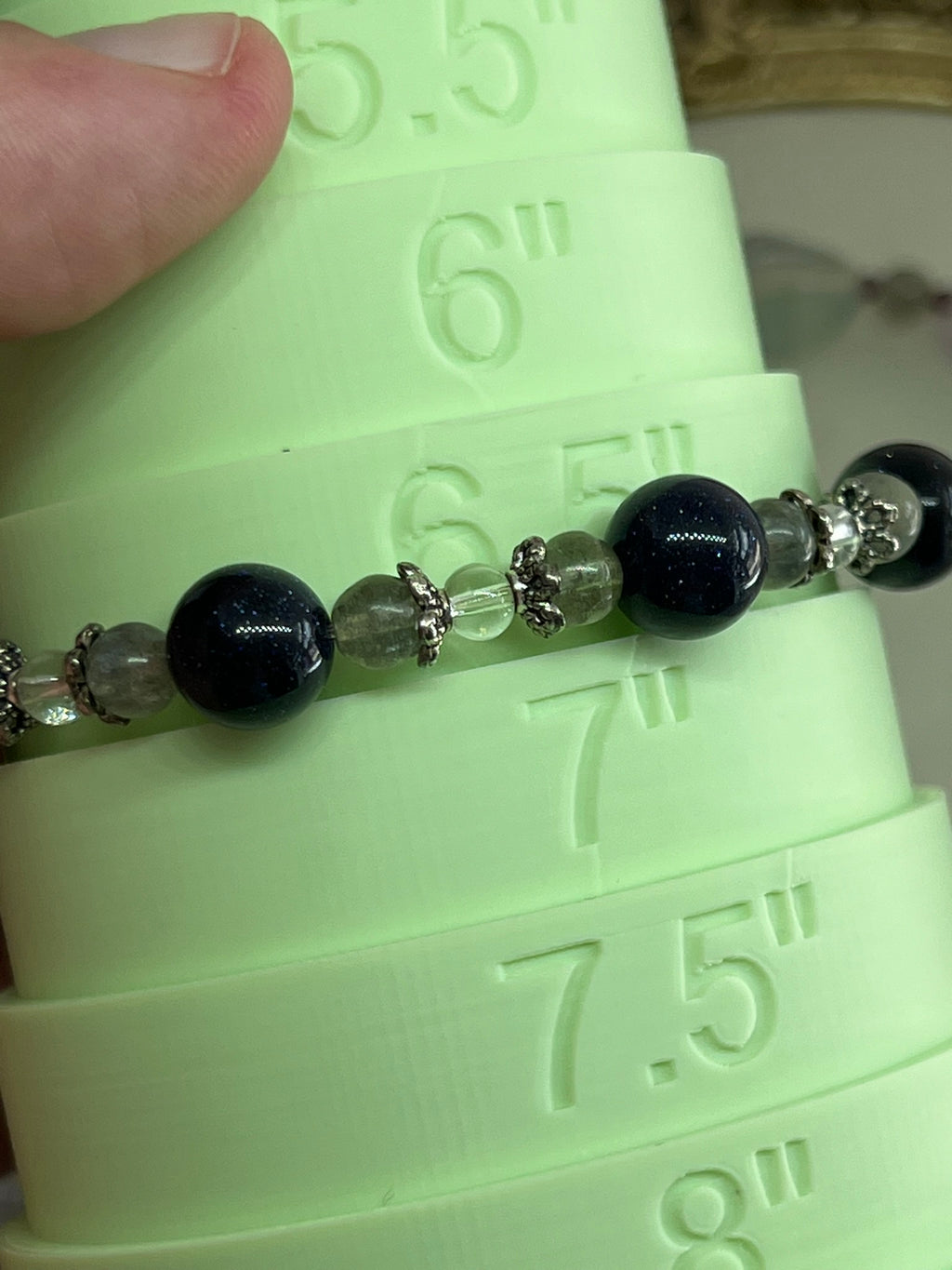 Labradorite & Dark Blue Sandstone Stretch Bracelet with Clear Quartz