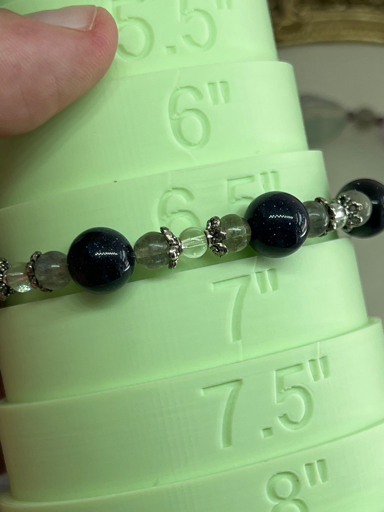 Labradorite & Dark Blue Sandstone Stretch Bracelet with Clear Quartz