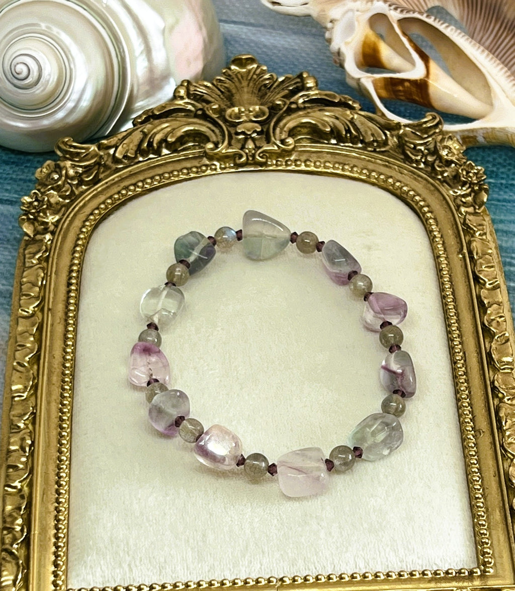 Rainbow Fluorite Tumble Stone Bracelet with Labradorite Beads & Purple Crystal Accents