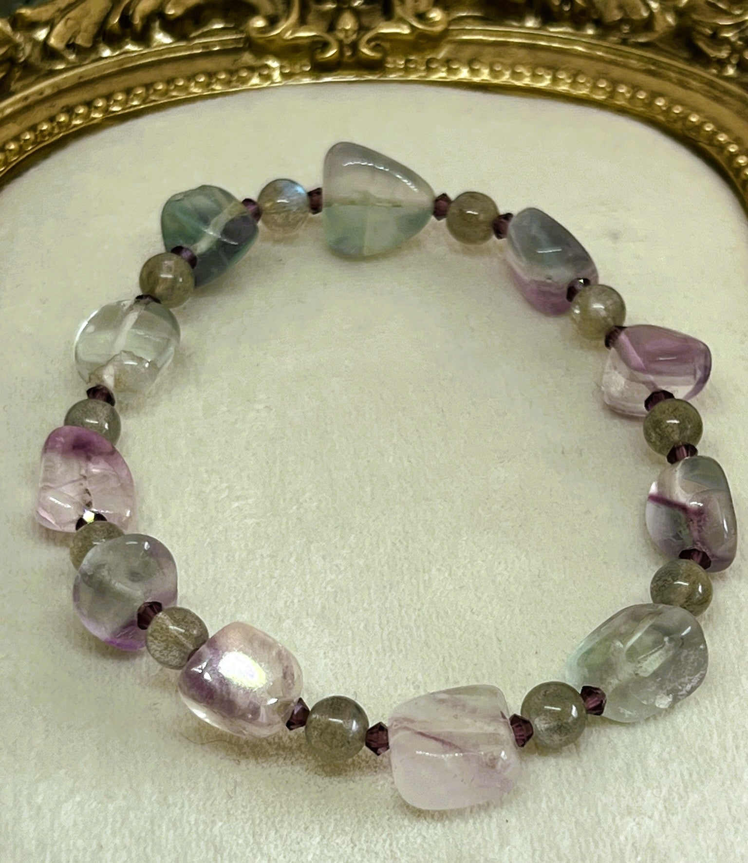 Rainbow Fluorite Tumble Stone Bracelet with Labradorite Beads & Purple Crystal Accents
