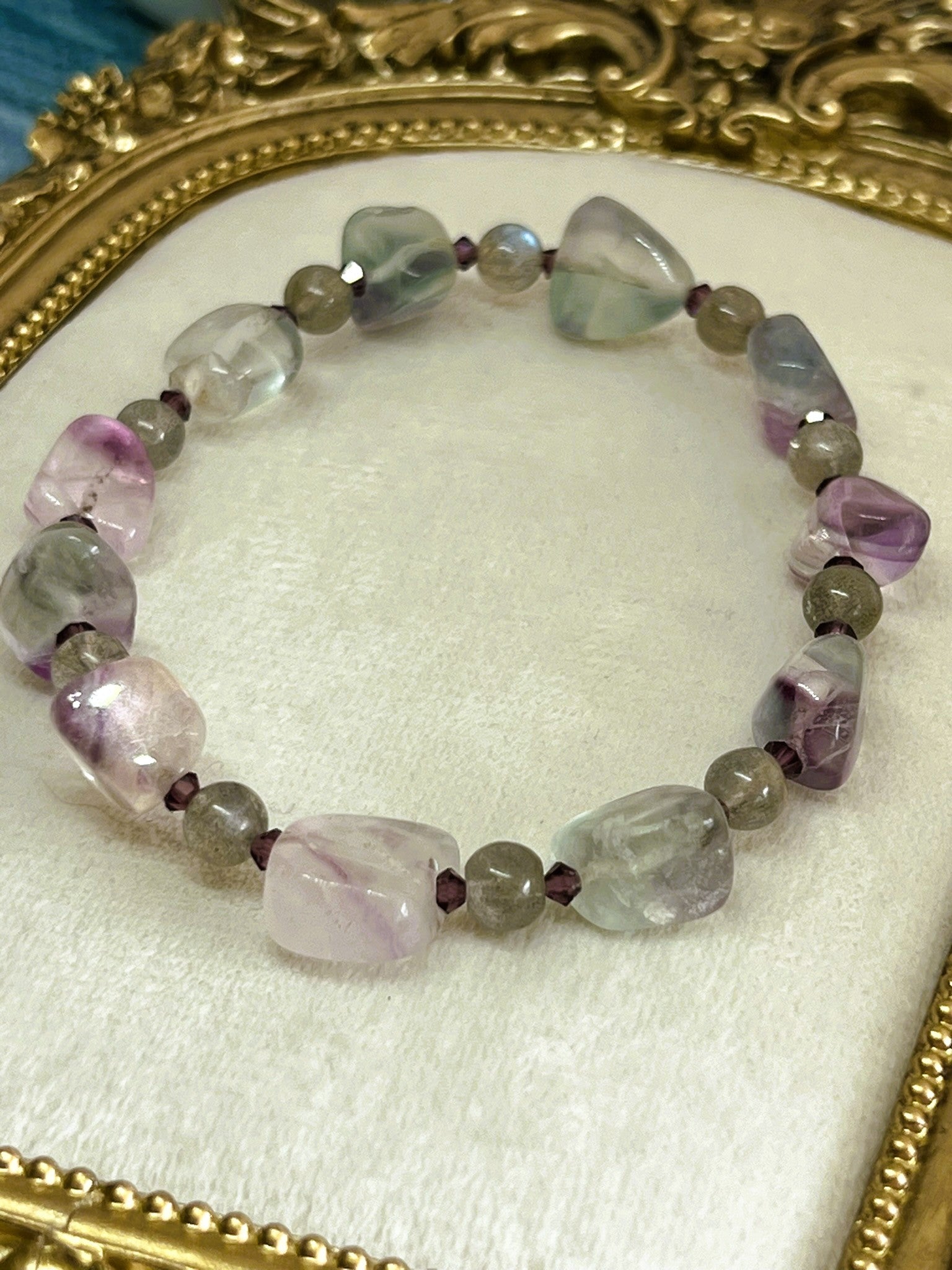 Rainbow Fluorite Tumble Stone Bracelet with Labradorite Beads & Purple Crystal Accents