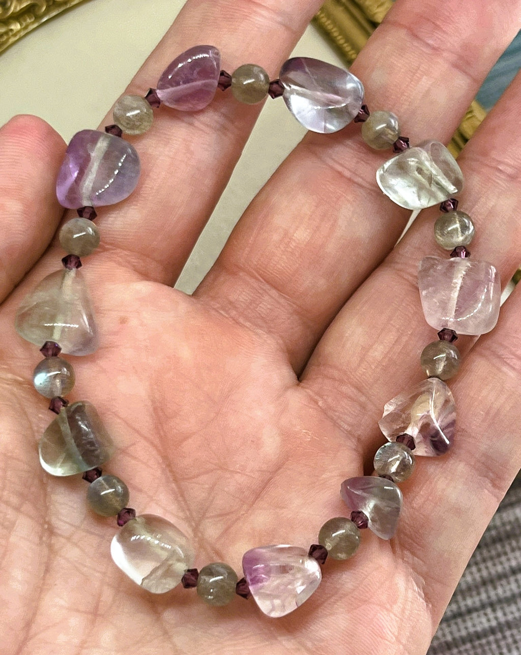 Rainbow Fluorite Tumble Stone Bracelet with Labradorite Beads & Purple Crystal Accents